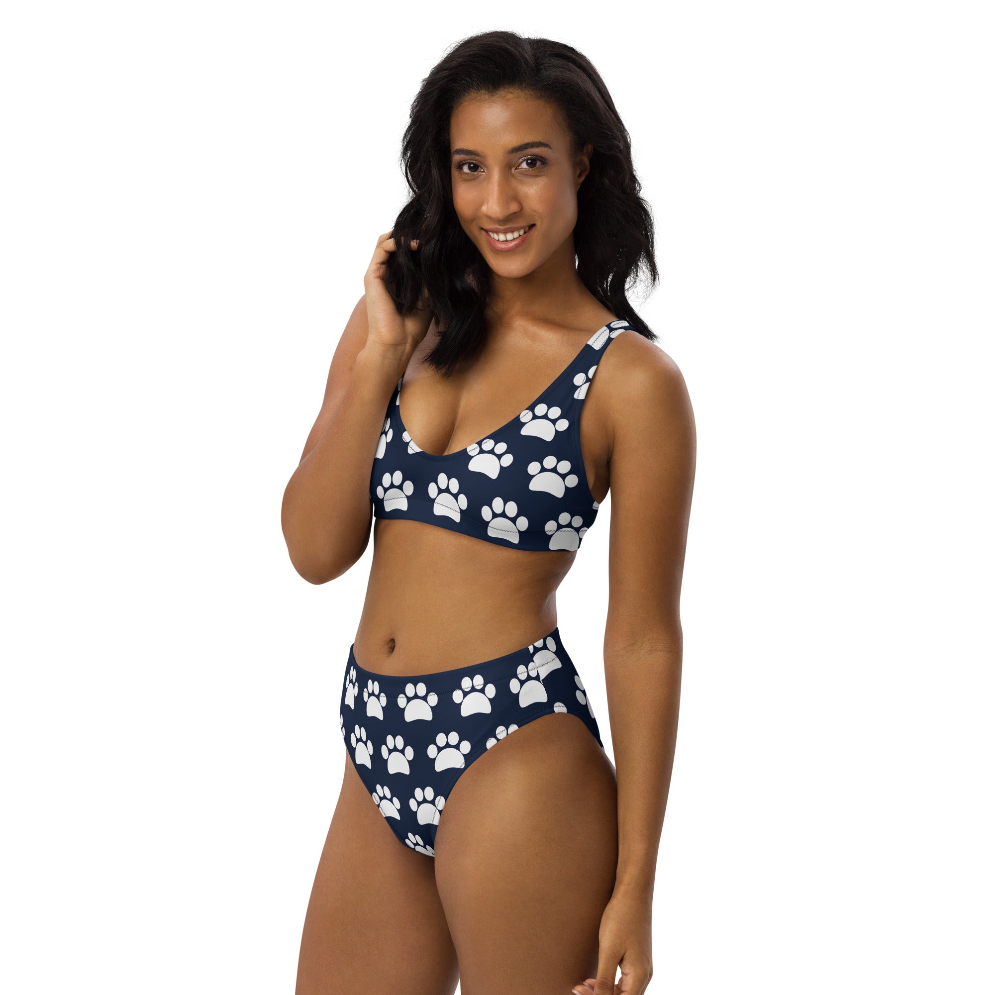 Women's Dark Navy Blue Paw Print Recycled Bikini - Removable Padding, Buttery Soft Quick-Drying UPF 50+ Fabric