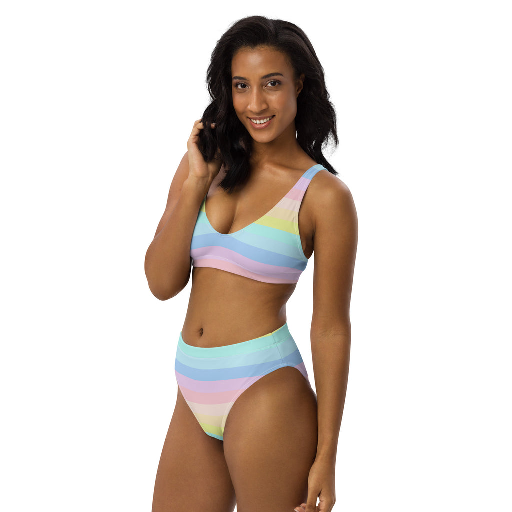 Women's Pastel Rainbow Stripes Recycled Bikini - Removable Padding, Buttery Soft Quick-Drying UPF 50+ Fabric