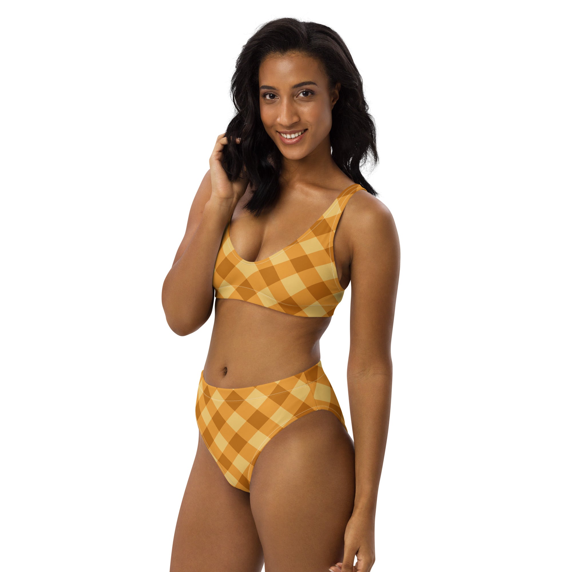 Women's Golden Gingham Recycled Bikini - Removable Padding, Buttery Soft Quick-Drying UPF 50+ Fabric