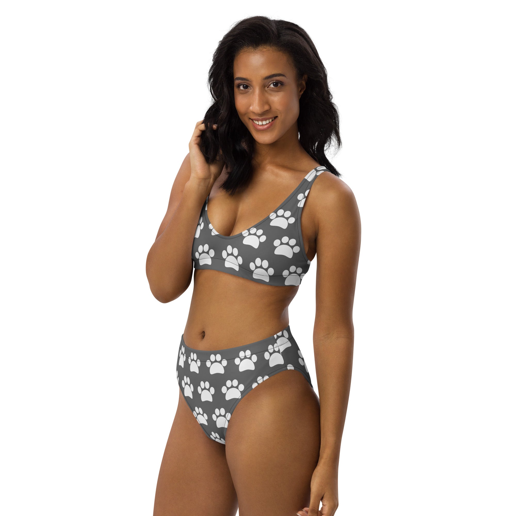 Women's Gray Paw Print Recycled Bikini - Removable Padding, Buttery Soft Quick-Drying UPF 50+ Fabric