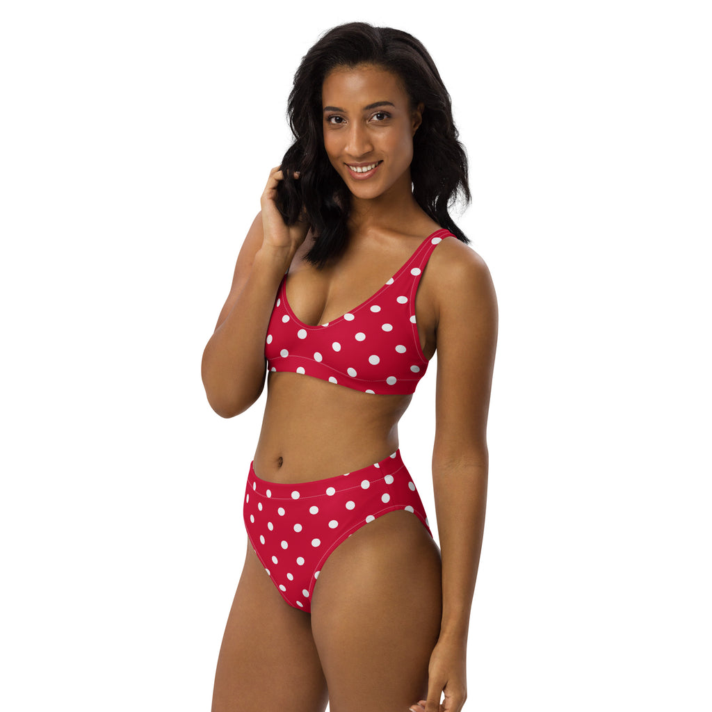 Women's Crimson Red Polka Dot Recycled Bikini - Removable Padding, Buttery Soft Quick-Drying UPF 50+ Fabric