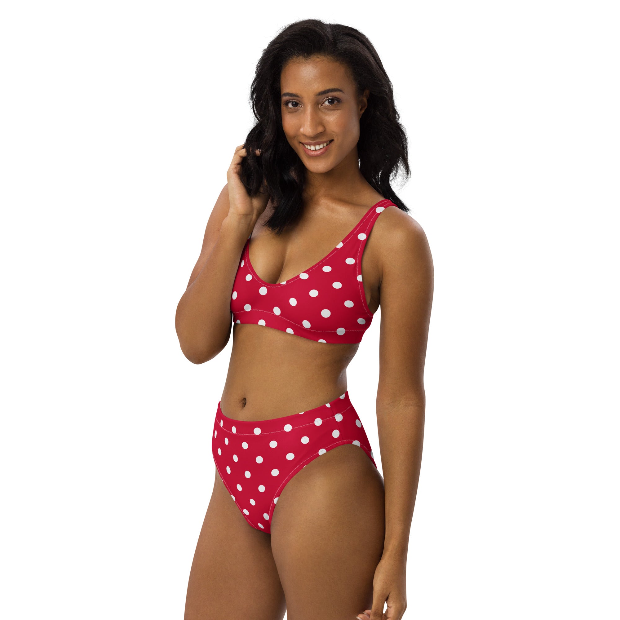 Women's Crimson Red Polka Dot Recycled Bikini - Removable Padding, Buttery Soft Quick-Drying UPF 50+ Fabric