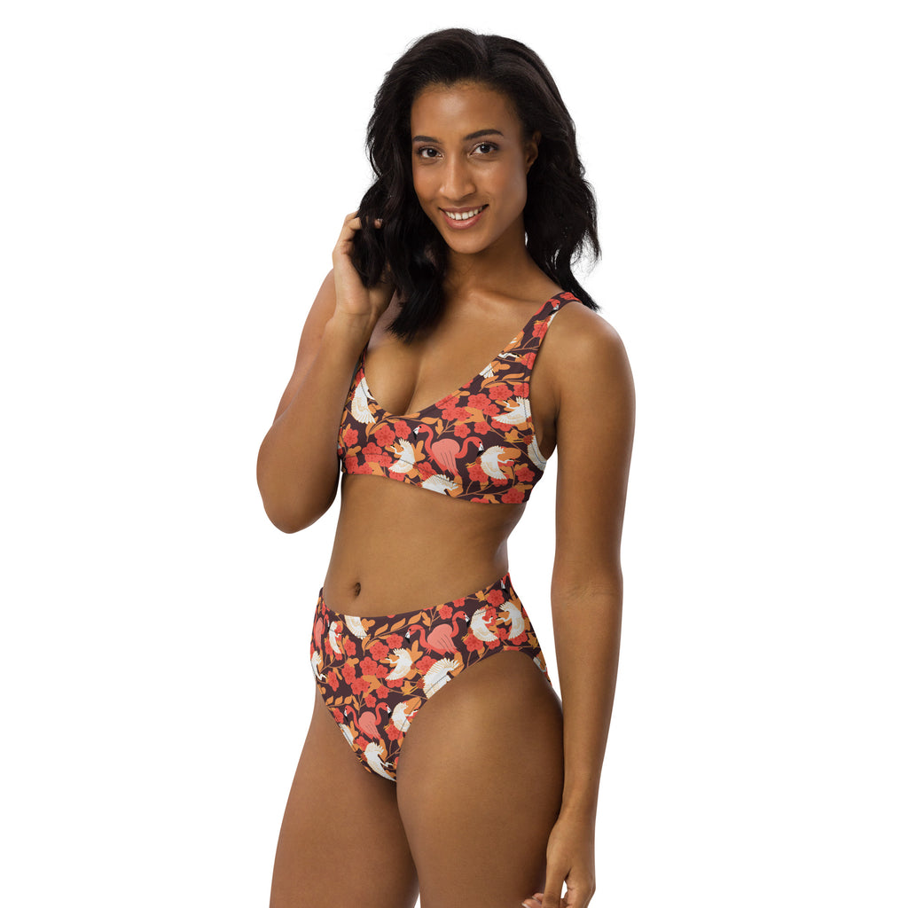 Women's Floral Flamingo Feather Recycled Bikini - Removable Padding, Buttery Soft Quick-Drying UPF 50+ Fabric