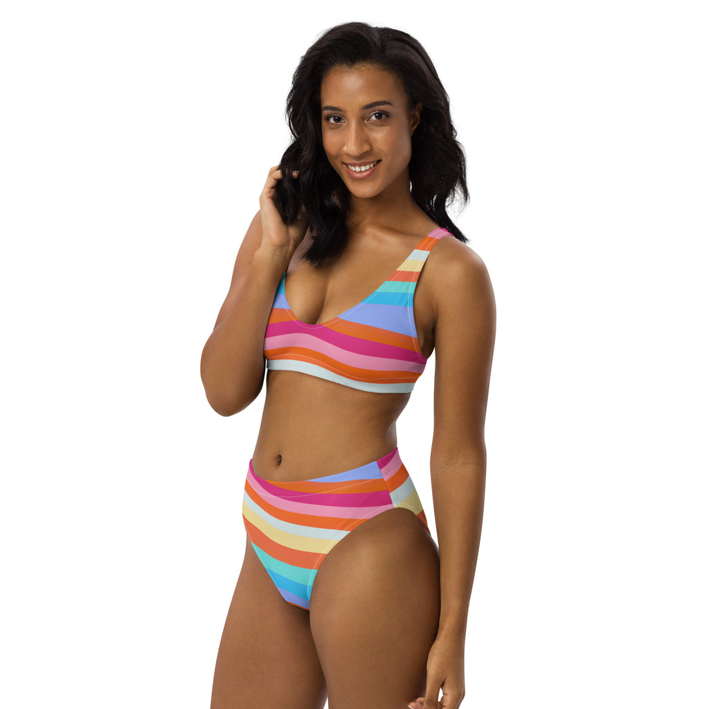 Women's Colorful Wavy Stripe Recycled Bikini - Removable Padding, Buttery Soft Quick-Drying UPF 50+ Fabric