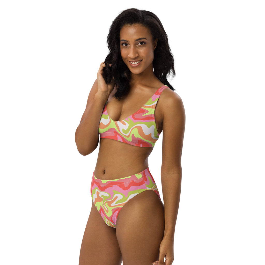 Women's Coral Lime Swirl Recycled Bikini - Removable Padding, Buttery Soft Quick-Drying UPF 50+ Fabric