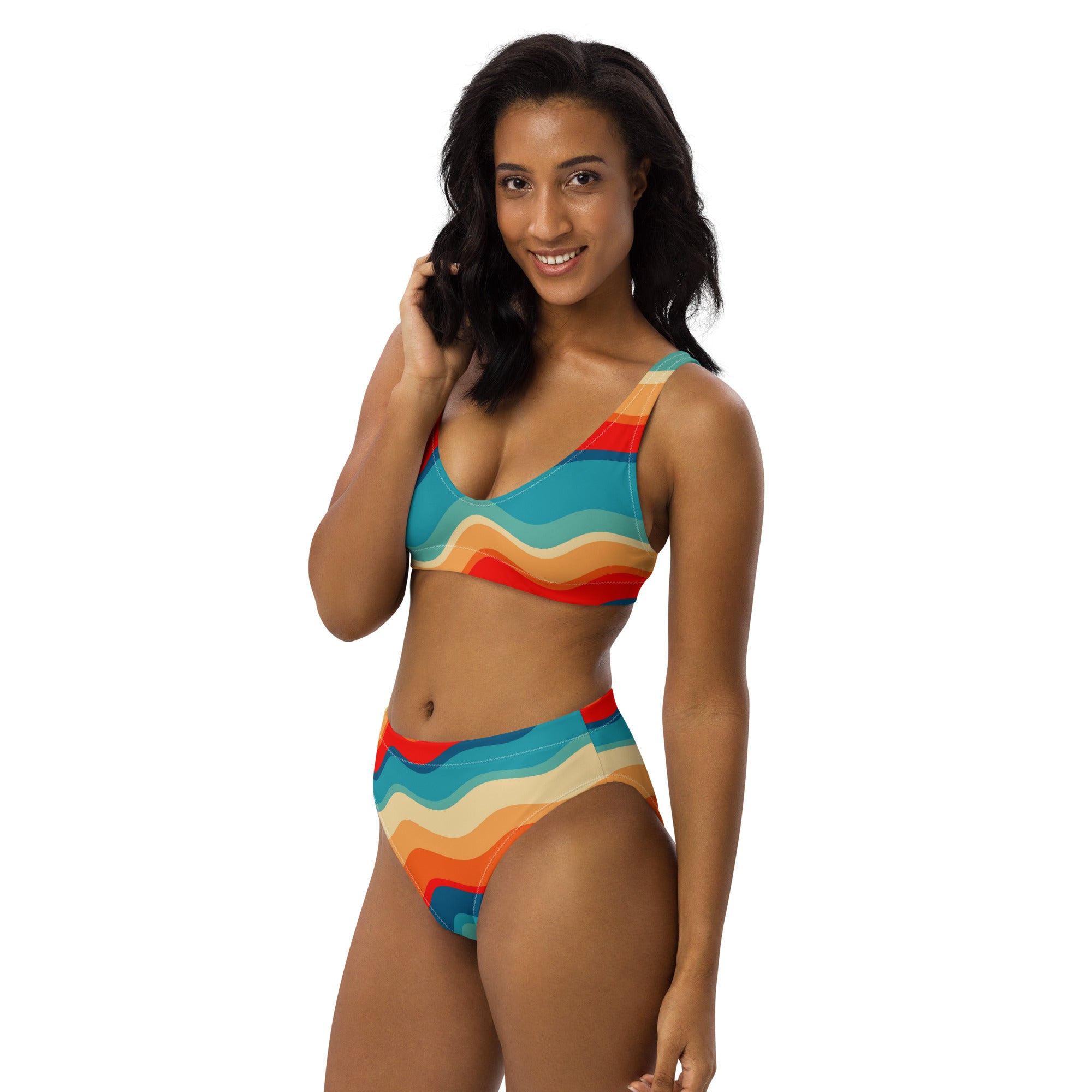 Women's Bright Retro Wave Recycled Bikini - Removable Padding, Buttery Soft Quick-Drying UPF 50+ Fabric