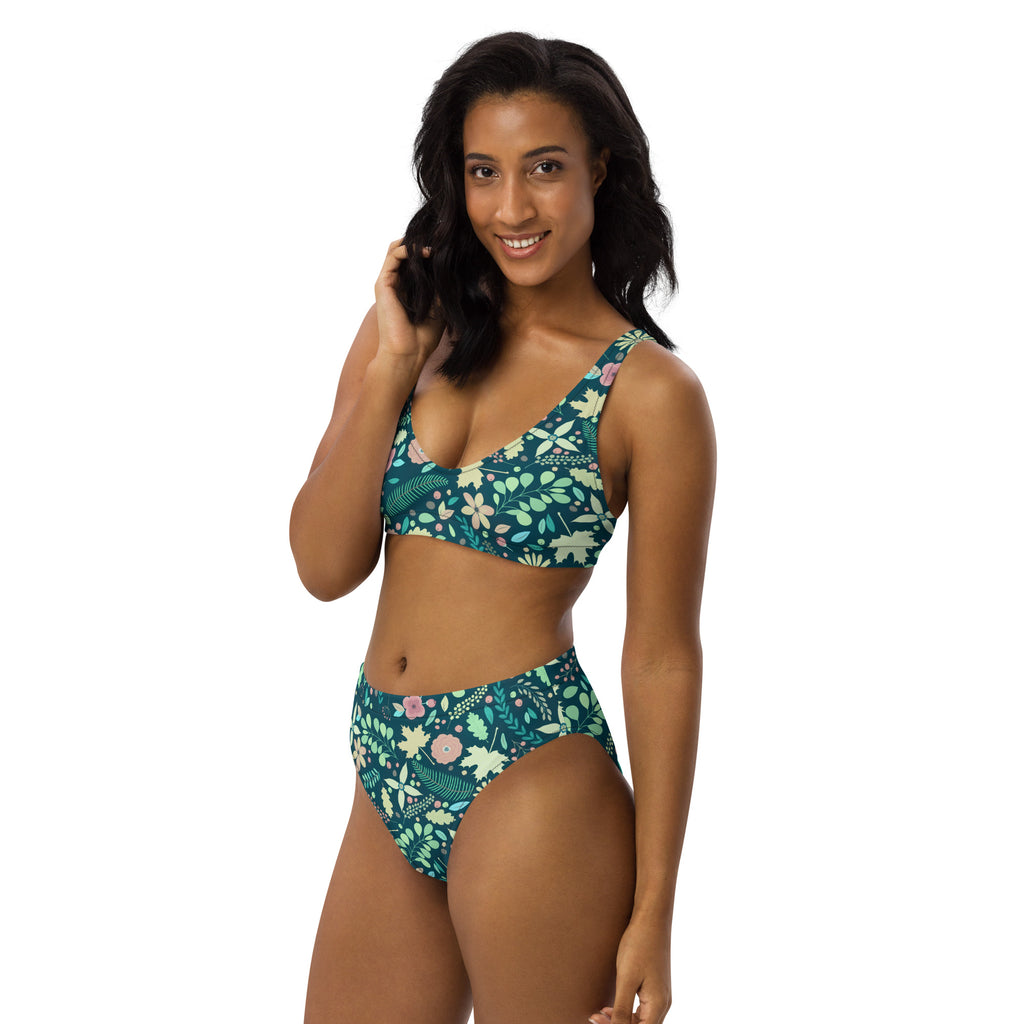 Women's Teal Botanical Floral Recycled Bikini - Removable Padding, Buttery Soft Quick-Drying UPF 50+ Fabric