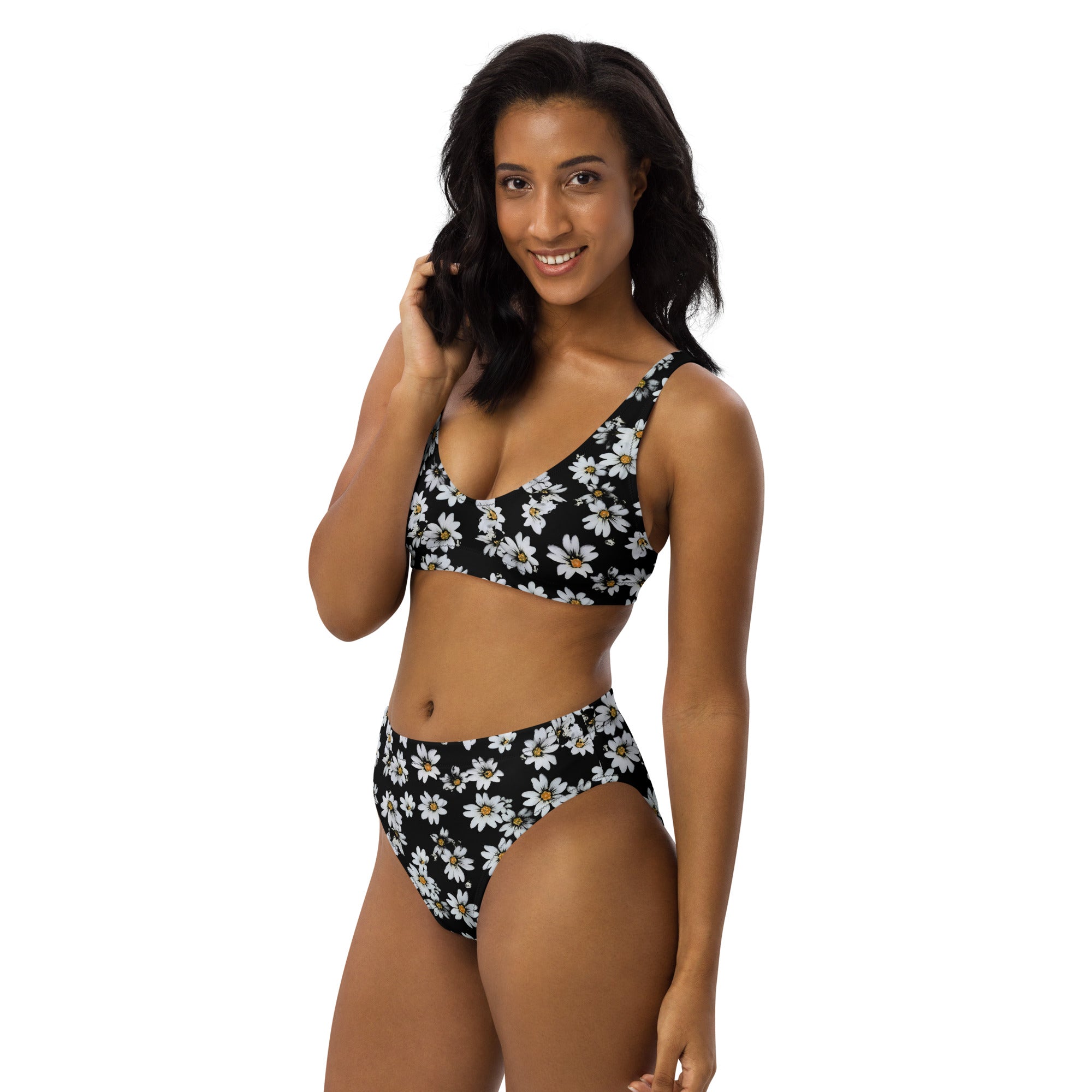Women's Black Daisy Recycled Bikini - Removable Padding, Buttery Soft Quick-Drying UPF 50+ Fabric