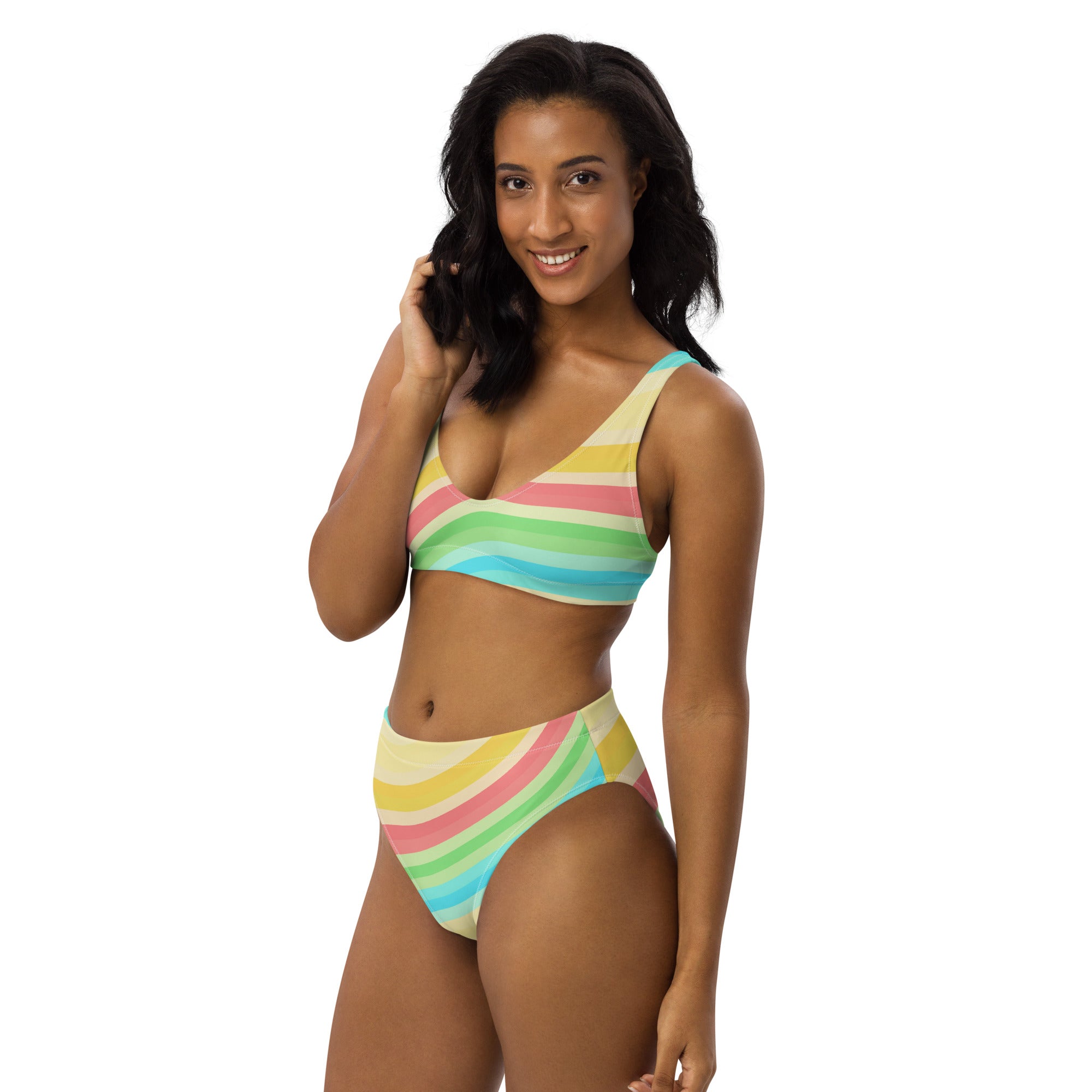 Women's Pastel Beach Rainbow Stripe Recycled Bikini - Removable Padding, Buttery Soft Quick-Drying UPF 50+ Fabric