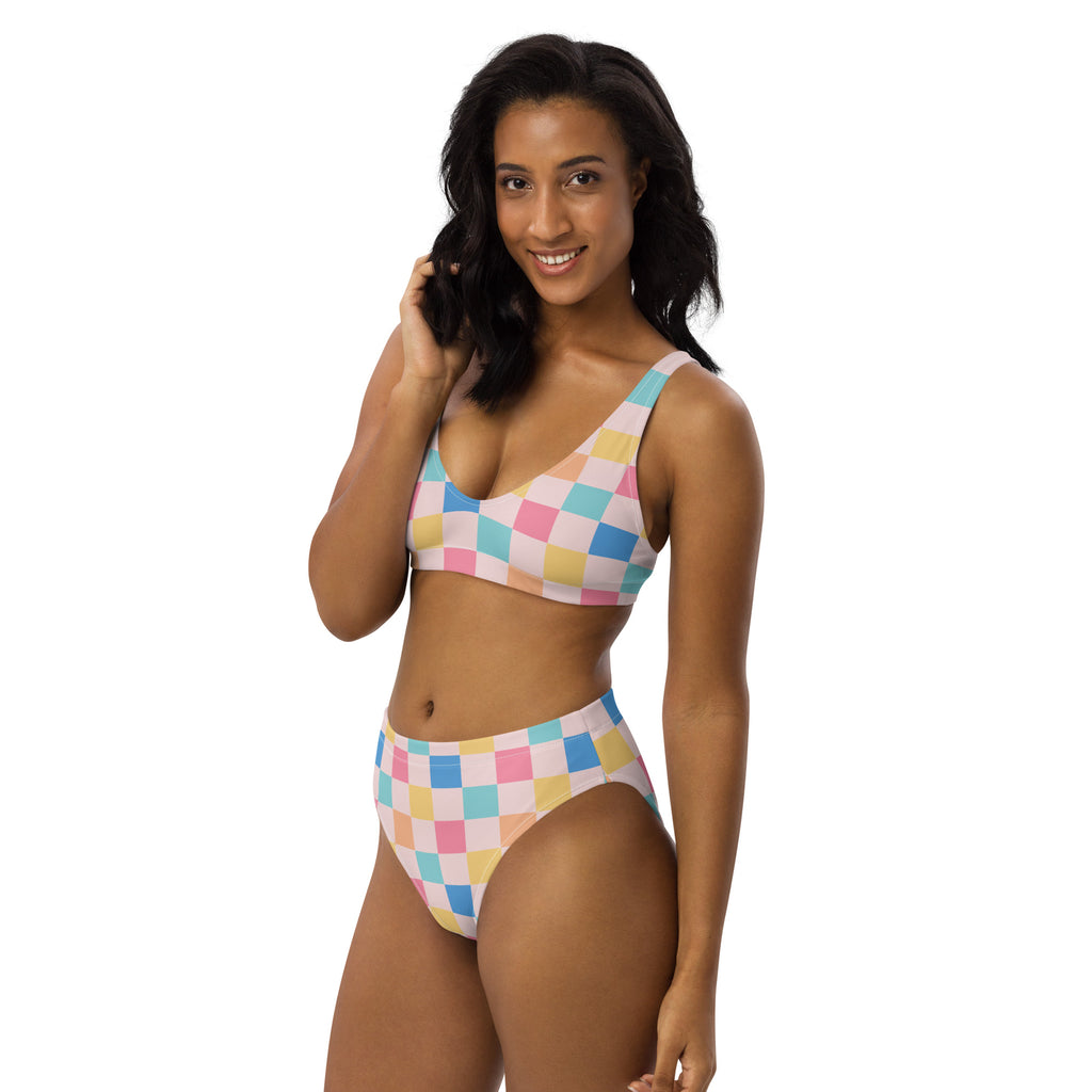 Women's Colorful Pastel Checkerboard Recycled Bikini - Removable Padding, Buttery Soft Quick-Drying UPF 50+ Fabric