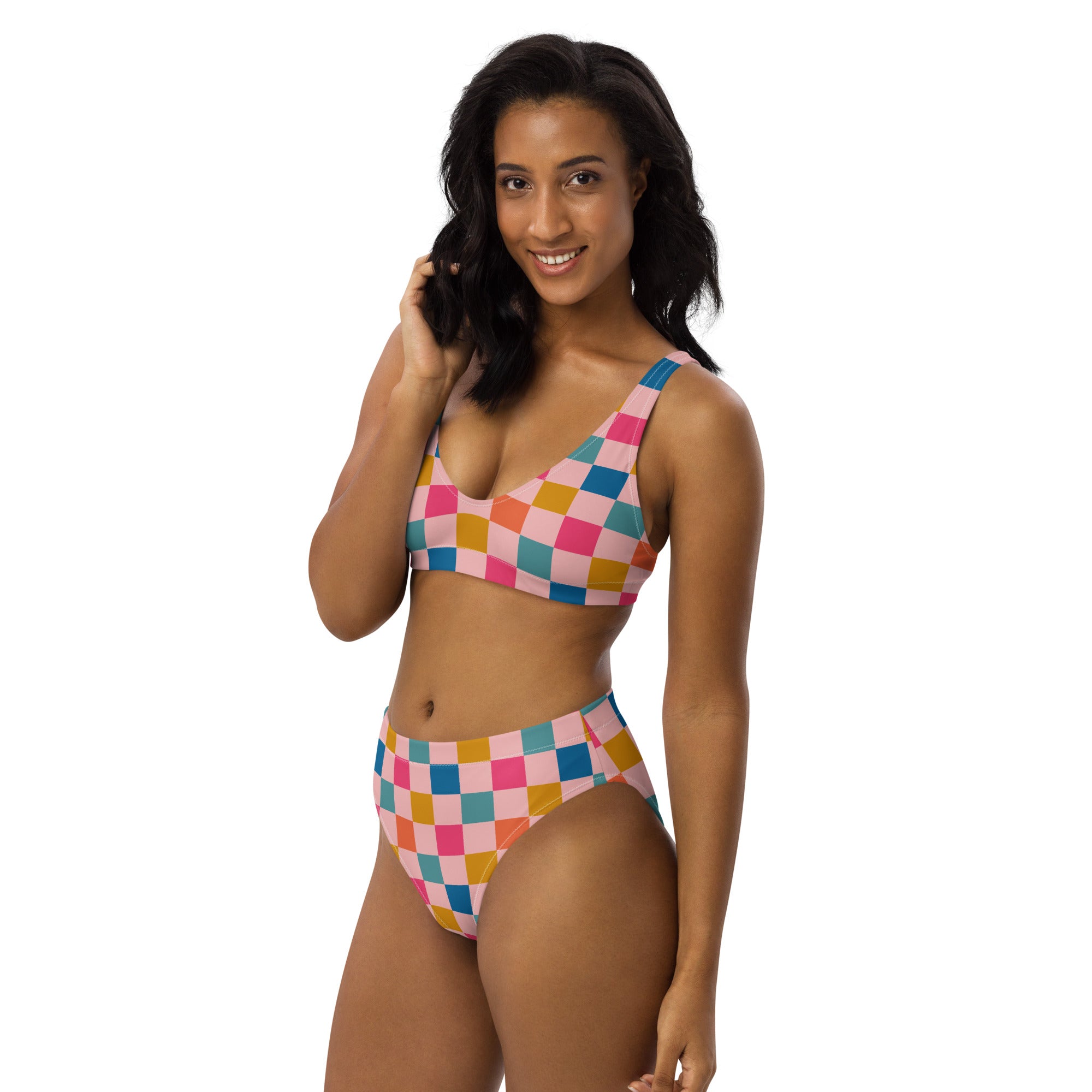 Women's Colorful Pink Pastel Checkerboard Recycled Bikini - Removable Padding, Buttery Soft Quick-Drying UPF 50+ Fabric