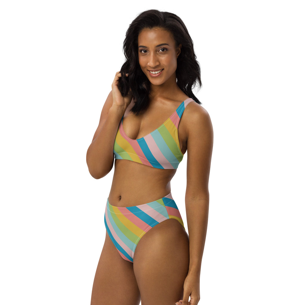 Women's Colorful Retro Striped Recycled Bikini - Removable Padding, Buttery Soft Quick-Drying UPF 50+ Fabric