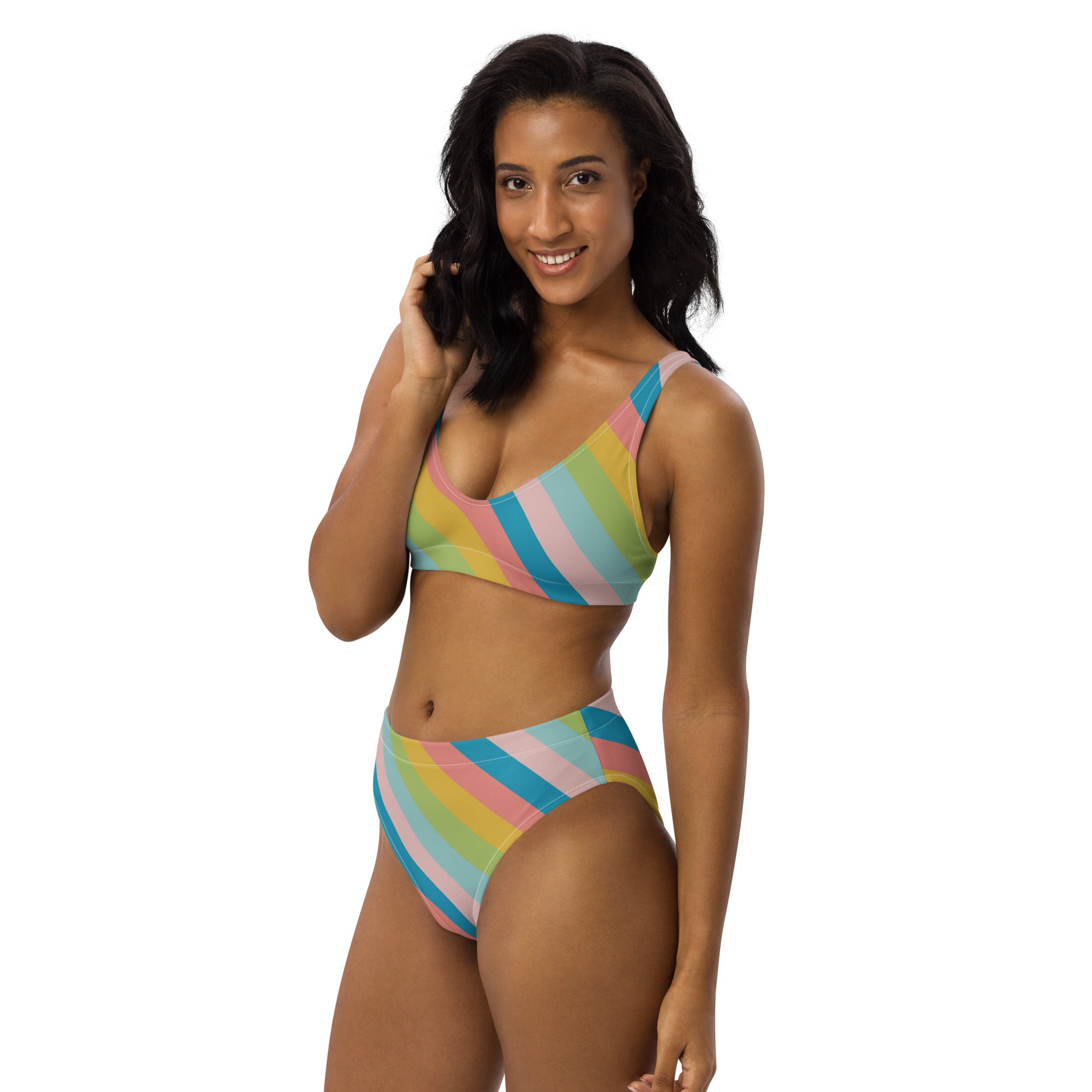 Women's Colorful Retro Striped Recycled Bikini - Removable Padding, Buttery Soft Quick-Drying UPF 50+ Fabric