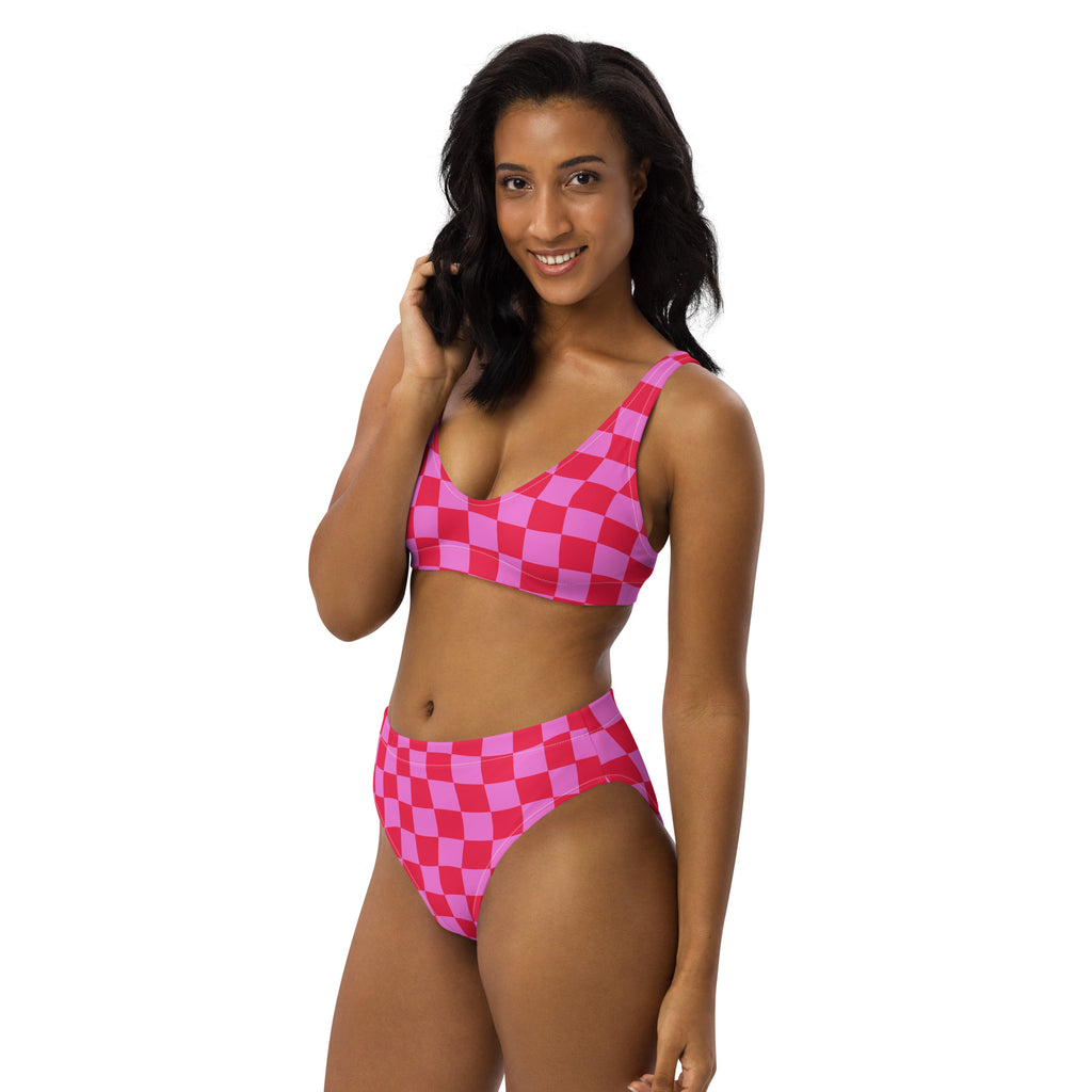 Women's Pink Checkerboard Recycled Bikini - Removable Padding, Buttery Soft Quick-Drying UPF 50+ Fabric