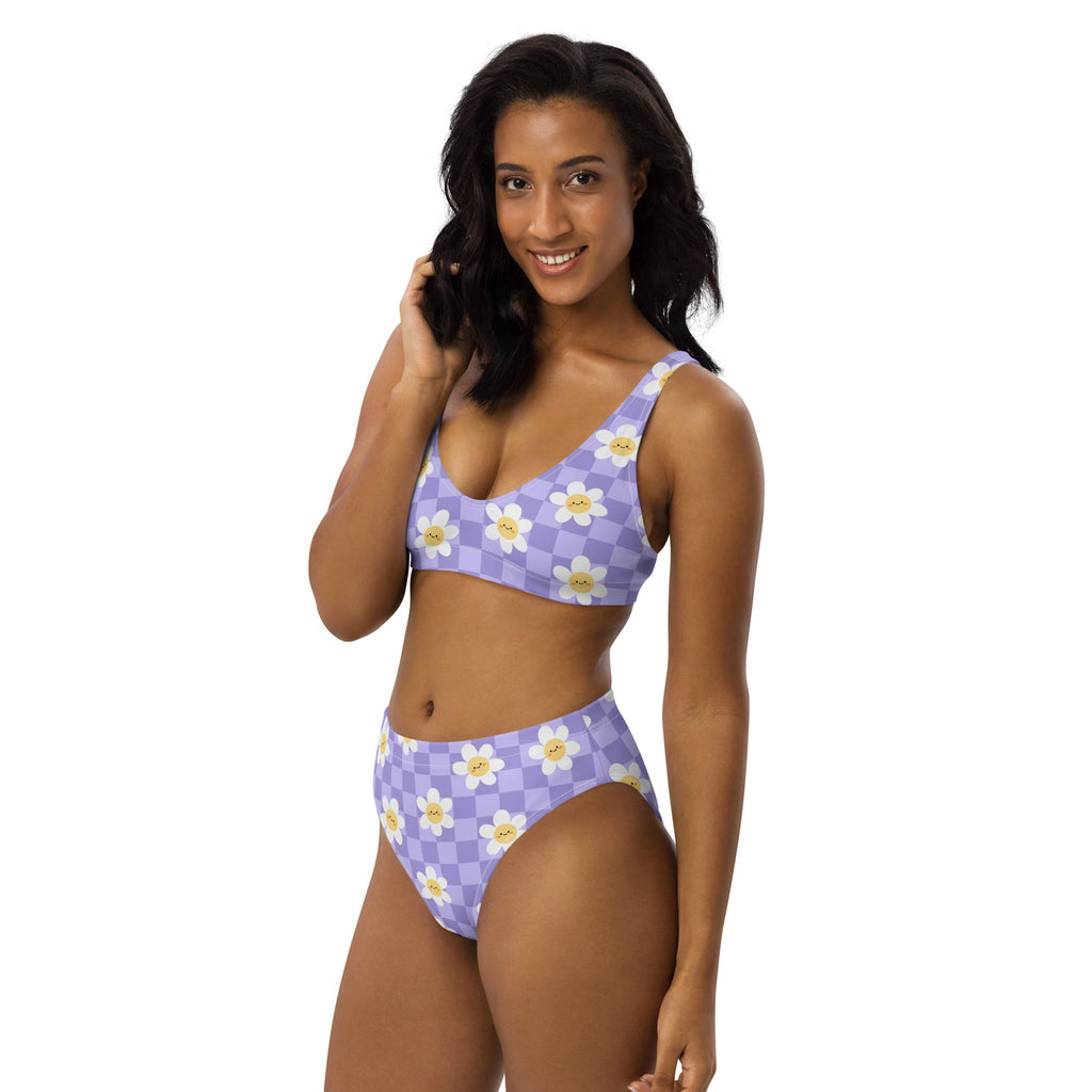Women's Purple Daisy Checkerboard Recycled Bikini - Removable Padding, Buttery Soft Quick-Drying UPF 50+ Fabric