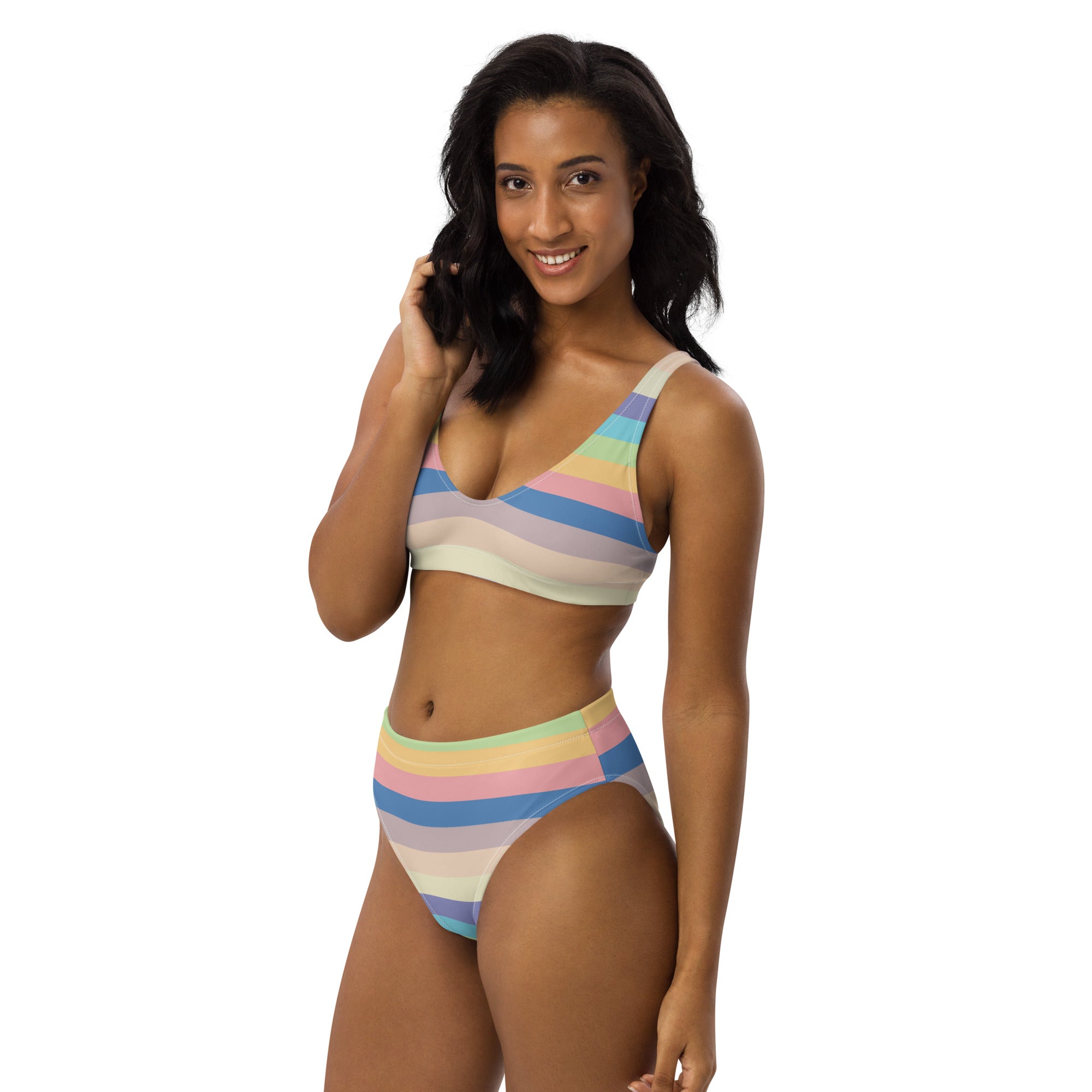 Women's Pastel Beach Rainbow Stripe Recycled Bikini - Removable Padding, Buttery Soft Quick-Drying UPF 50+ Fabric