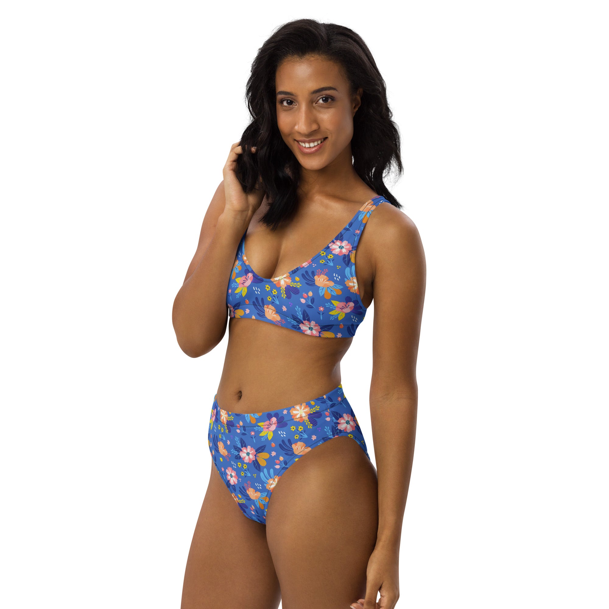 Women's Blue Floral Recycled Bikini - Removable Padding, Buttery Soft Quick-Drying UPF 50+ Fabric