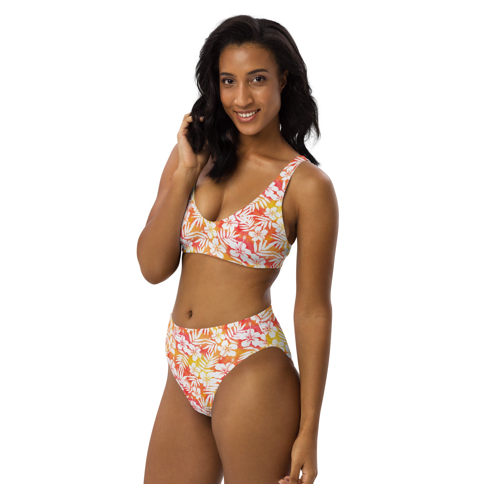 Women's Orange Tropical Floral Recycled Bikini - Removable Padding, Buttery Soft Quick-Drying UPF 50+ Fabric