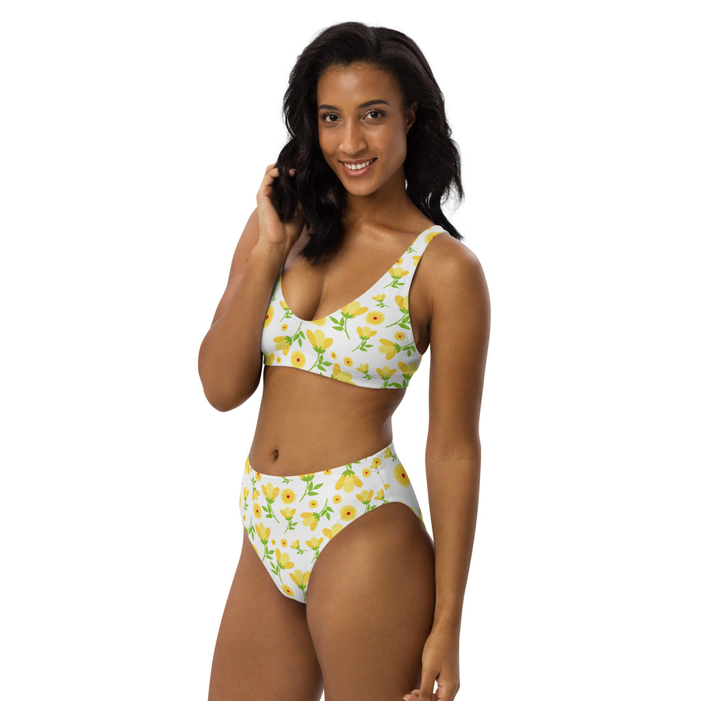 Women's Yellow Floral Recycled Bikini - Removable Padding, Buttery Soft Quick-Drying UPF 50+ Fabric