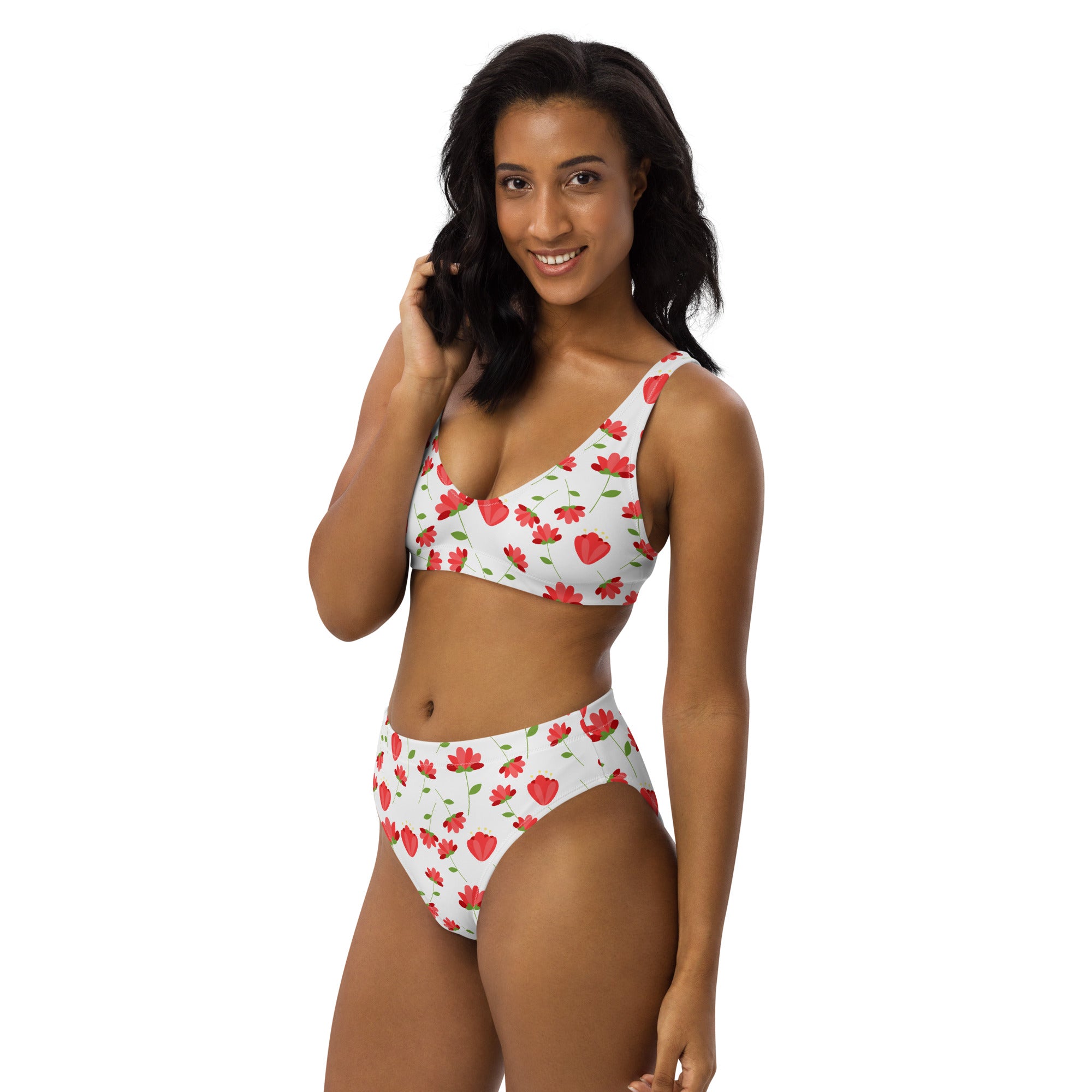 Women's Red Floral Recycled Bikini - Removable Padding, Buttery Soft Quick-Drying UPF 50+ Fabric