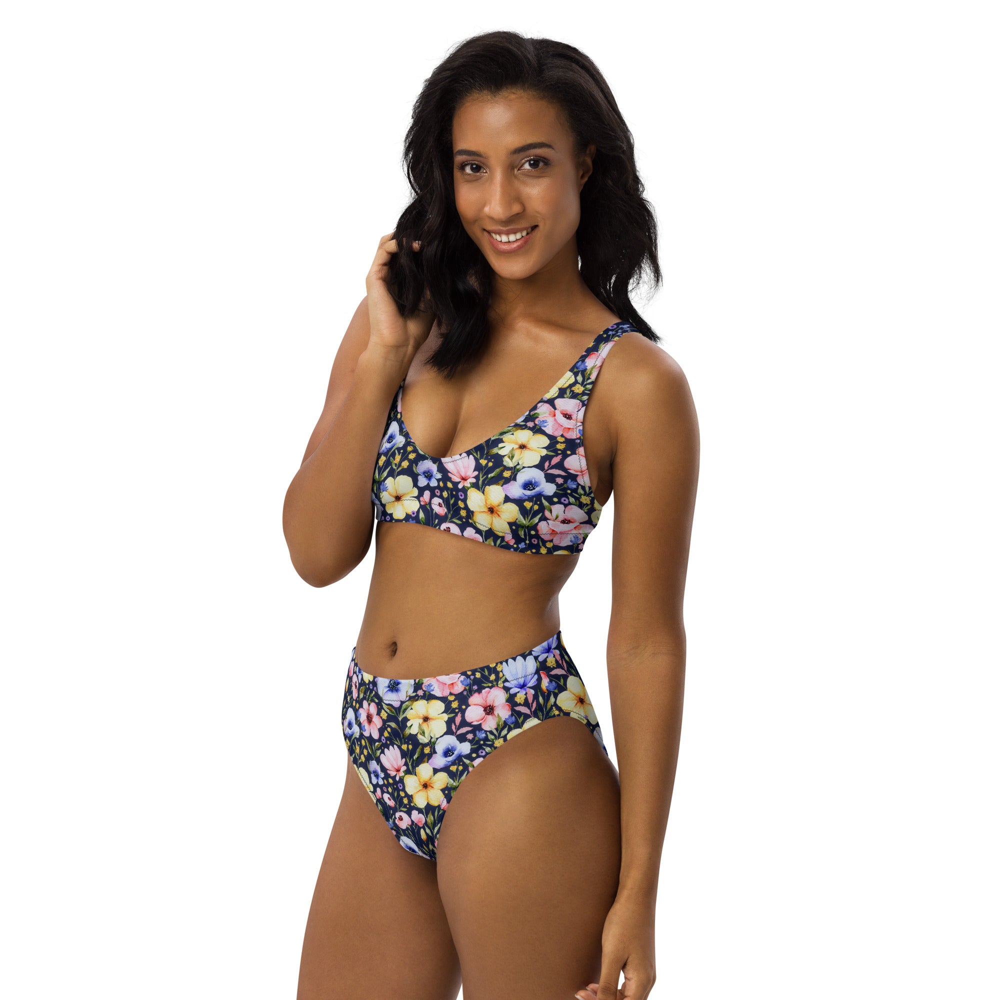 Women's Navy Watercolor Floral Recycled Bikini - Removable Padding, Buttery Soft Quick-Drying UPF 50+ Fabric
