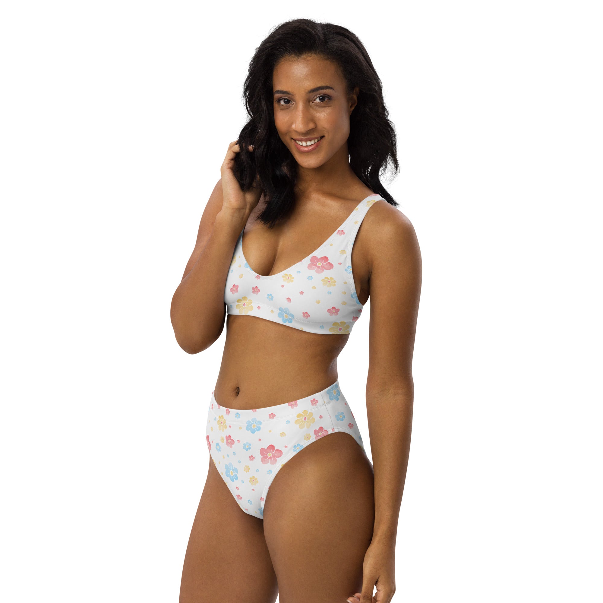 Women's White Pastel Floral Recycled Bikini - Removable Padding, Buttery Soft Quick-Drying UPF 50+ Fabric