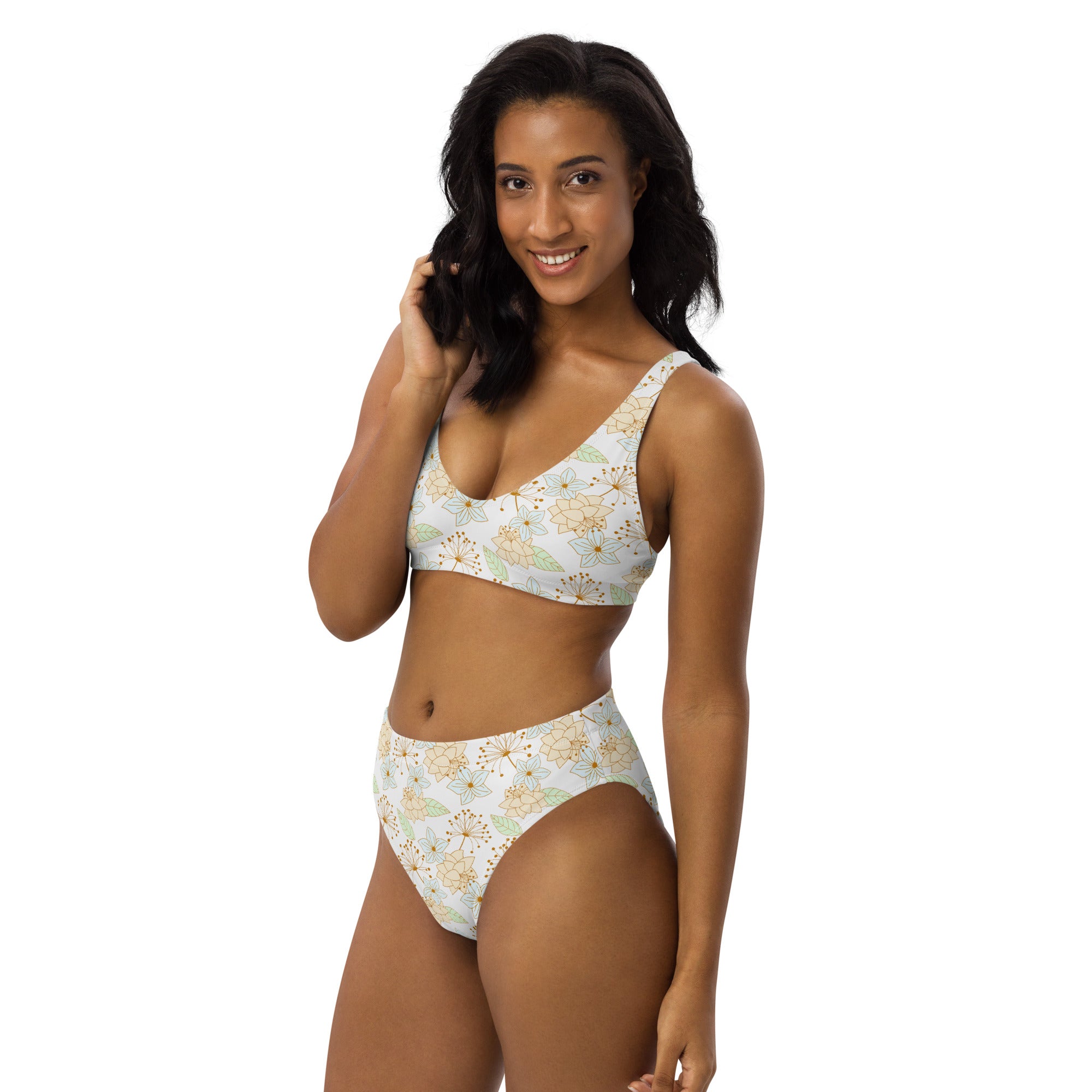 Women's White Gold Floral Recycled Bikini - Removable Padding, Buttery Soft Quick-Drying UPF 50+ Fabric