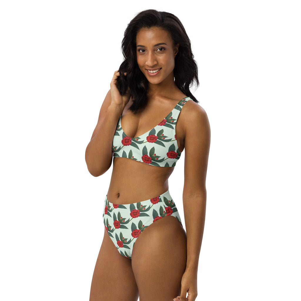 Women's Mint Red Rose Recycled Bikini - Removable Padding, Buttery Soft Quick-Drying UPF 50+ Fabric