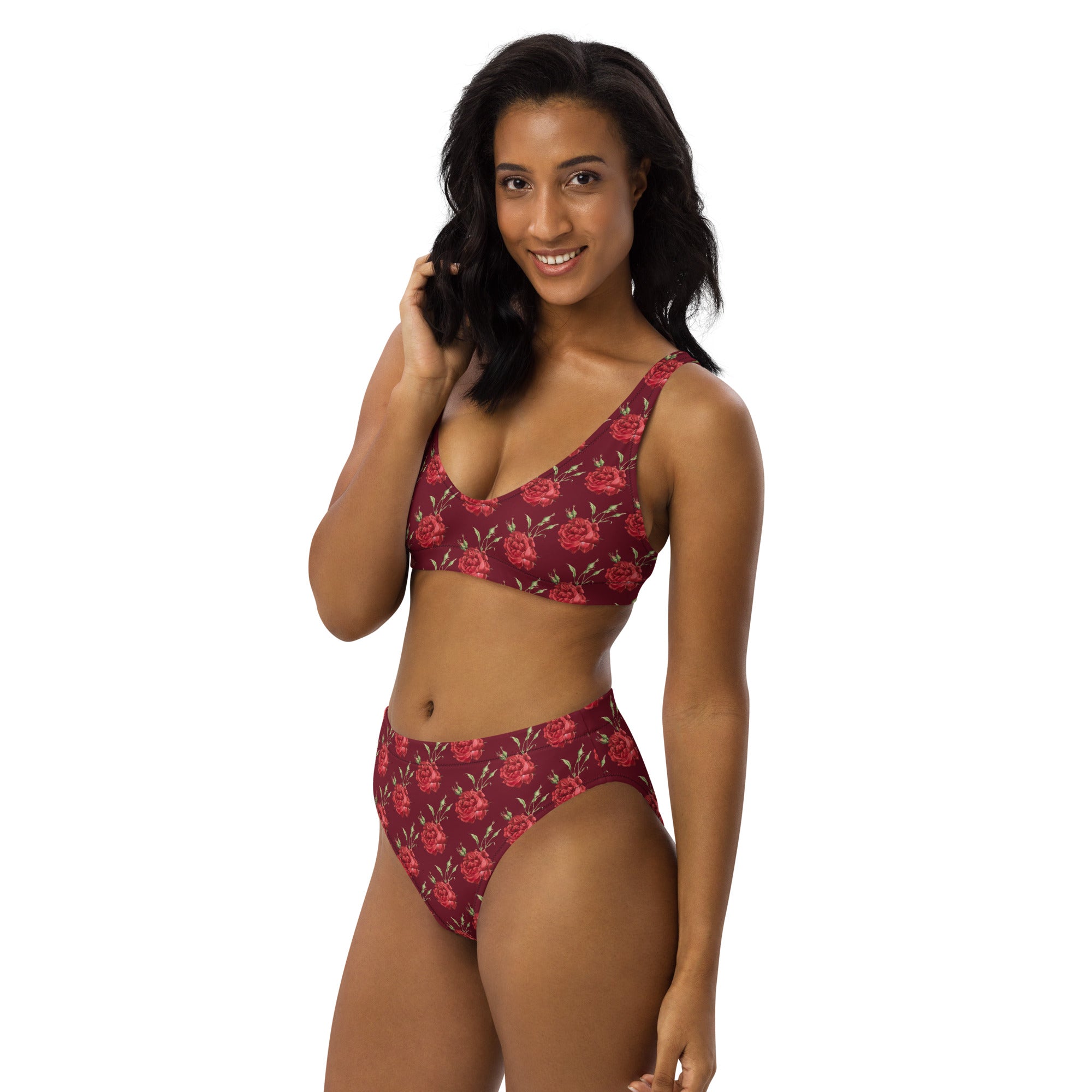 Women's Burgundy Red Rose Recycled Bikini - Removable Padding, Buttery Soft Quick-Drying UPF 50+ Fabric