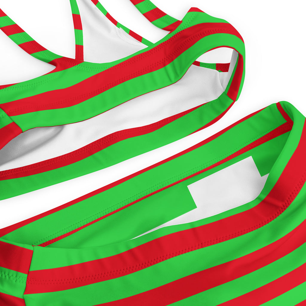 Women's Red & Green Striped Recycled Bikini - Quick Drying Fabric With UPF 50+
