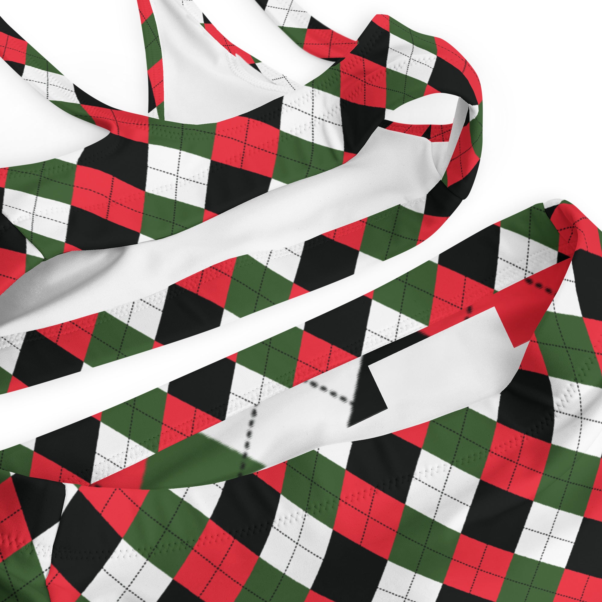 A red green black and white argyle patterned fabric tote bag with sturdy woven texture for women’s christmas use