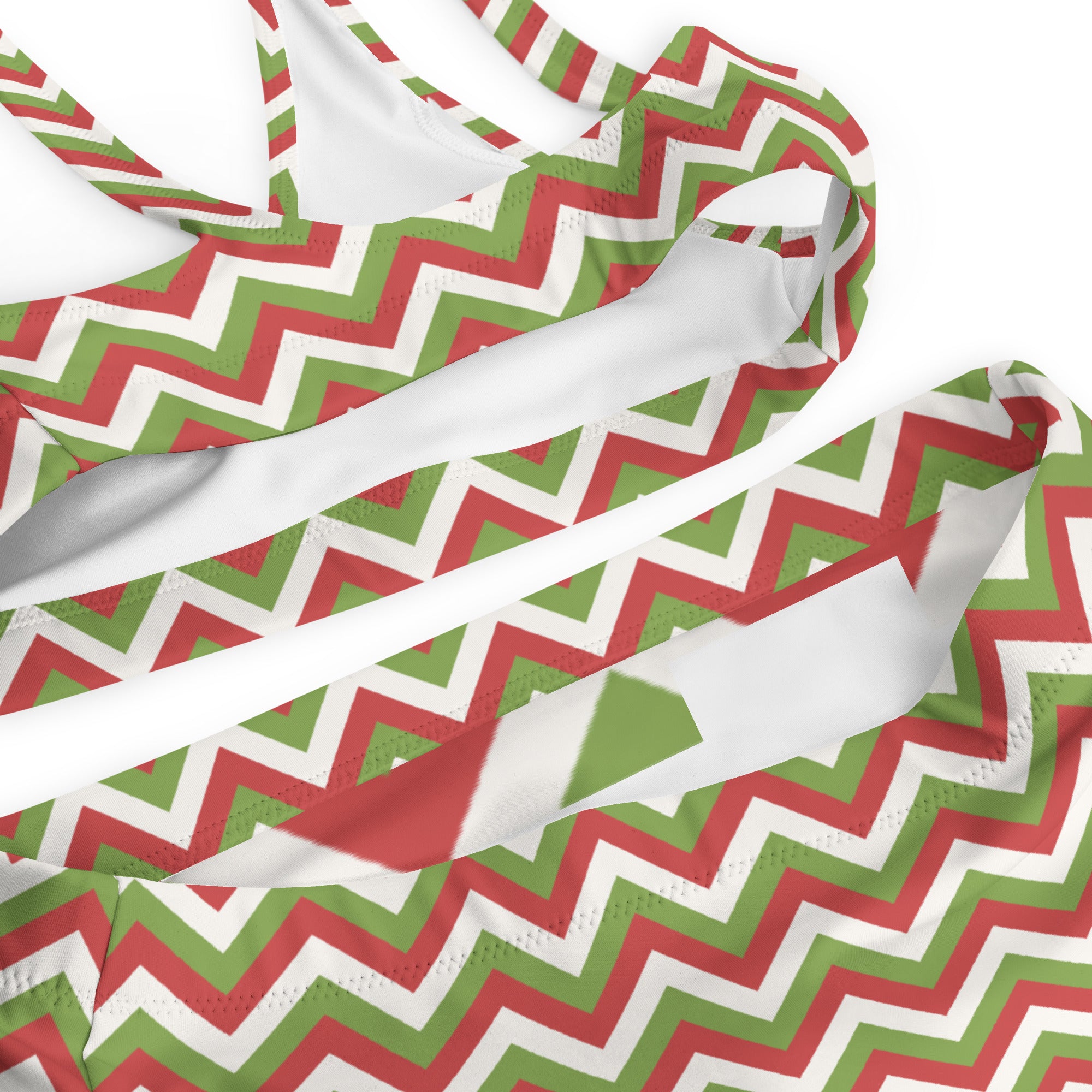 Women’s christmas chevron recycled bikini in red and green with white trim quick drying fabric upf 50+