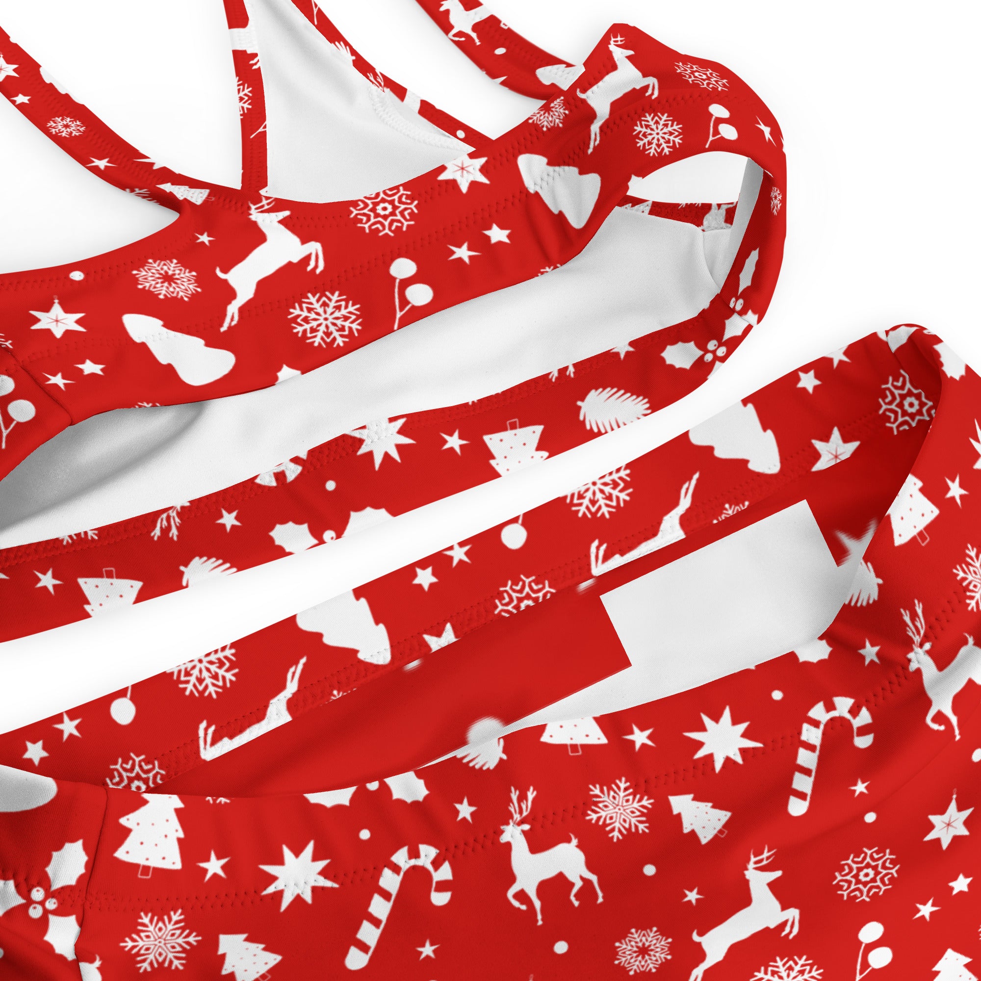 Women’s red christmas recycled bikini with reindeer snowflakes candy canes stars quick drying fabric upf 50+