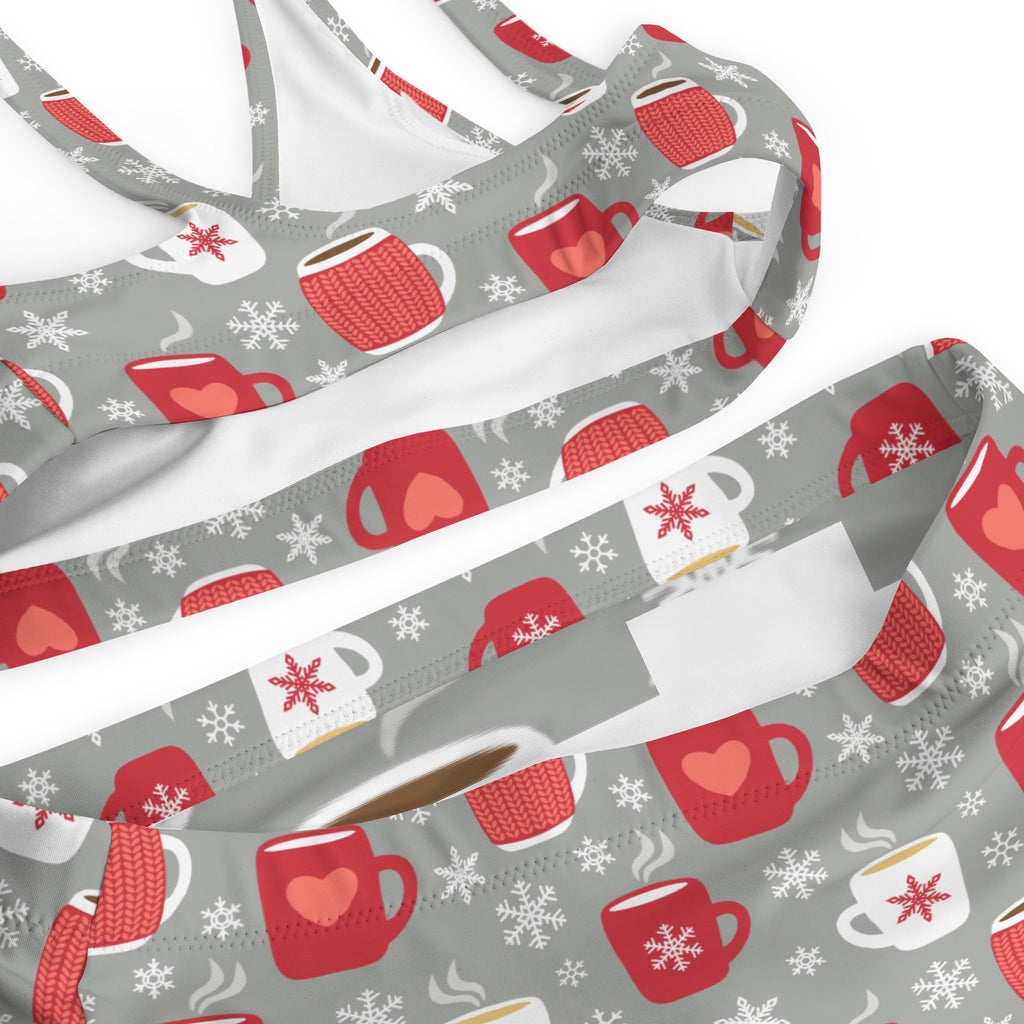 Women’s hot cocoa christmas bikini top in gray and red with knit mugs snowflakes steam pattern quick drying fabric upf 50+