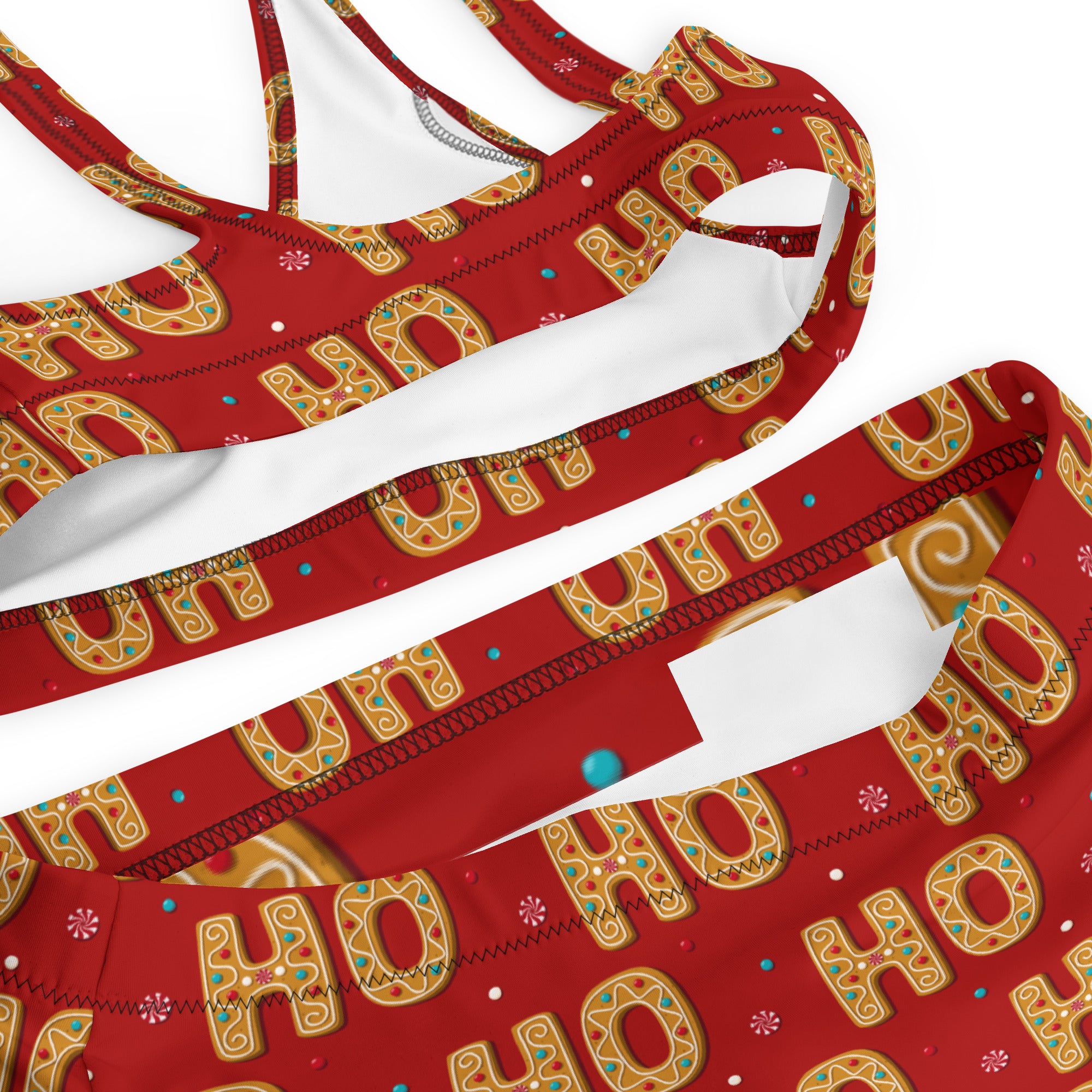Women’s red and gold ho ho ho gingerbread cookie-themed recycled bikini top with white trim quick drying fabric upf 50+