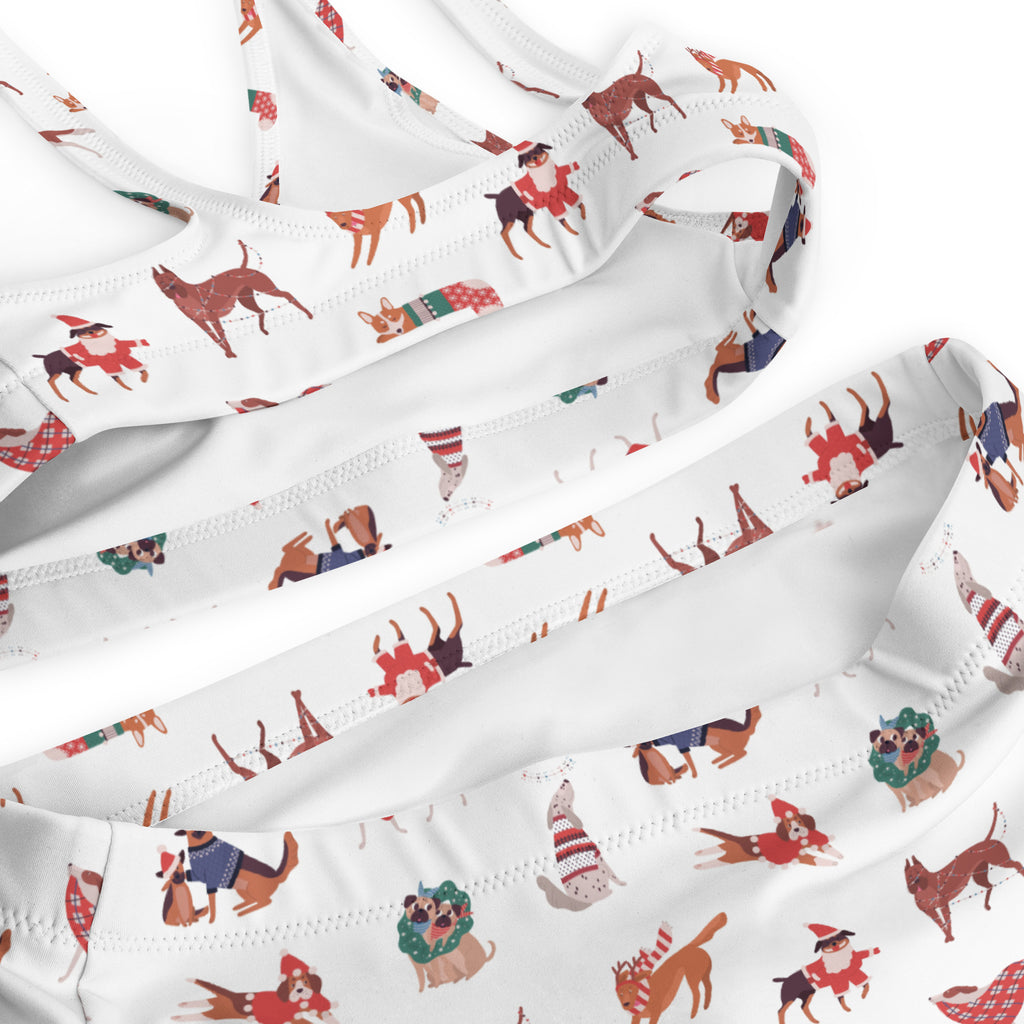 White tank top with festive cartoon dogs in holiday attire made from quick drying recycled fabric with upf 50+