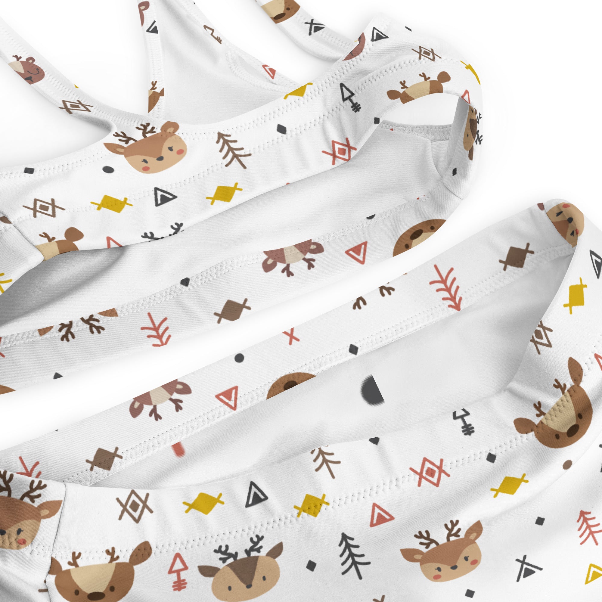 White fabric women’s woodland reindeer christmas recycled bikini with brown deer pattern quick drying fabric upf 50+