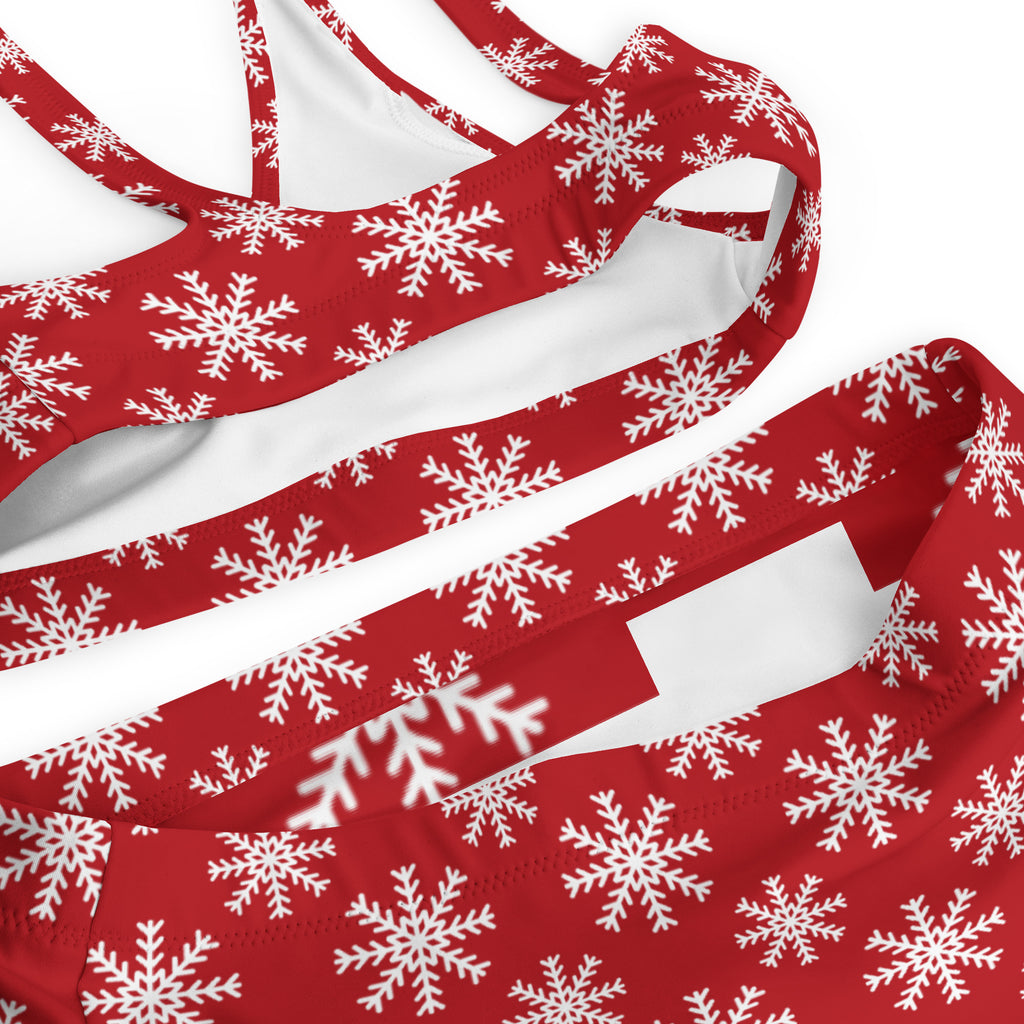 Women’s red and white snowflake patterned recycled bikini top with halter neckline quick drying fabric upf 50+