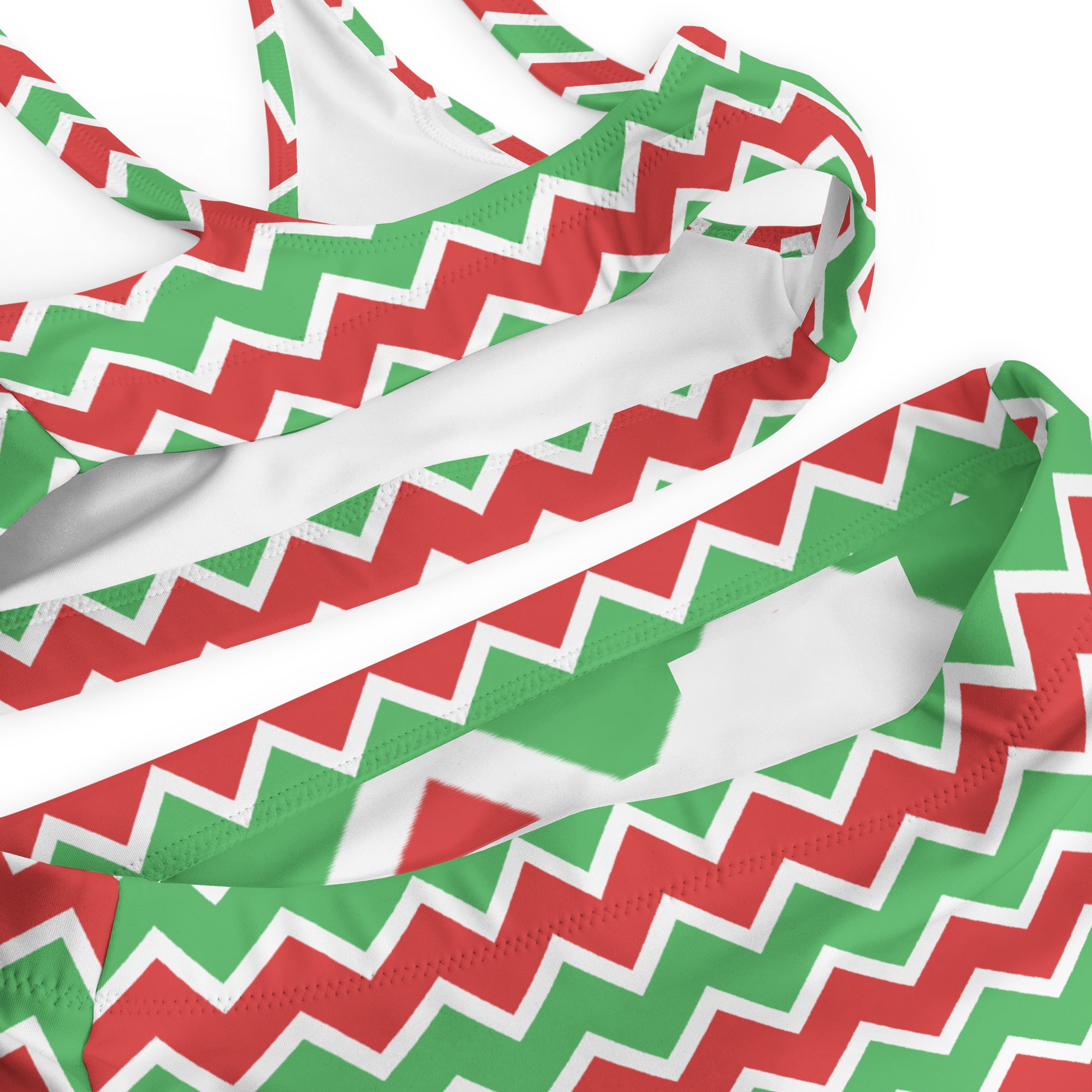 Women’s christmas chevron recycled bikini top in red green and white zigzag pattern with quick drying fabric upf 50+