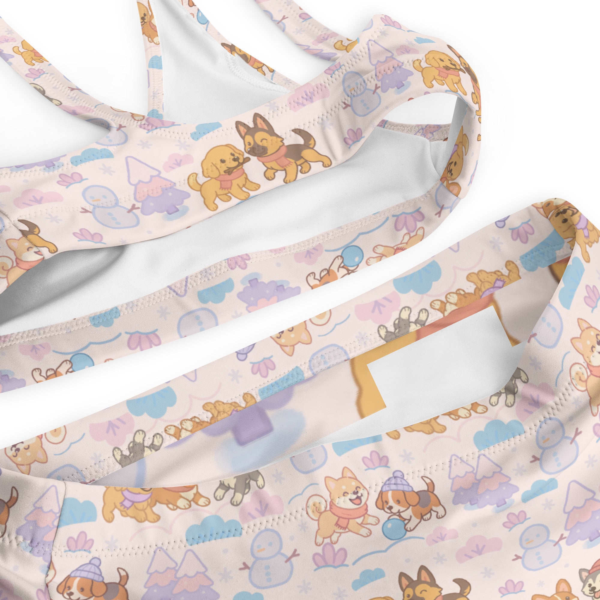Women pastel pink and blue dog printed sports bra with white lining quick drying fabric and upf 50 plus protection
