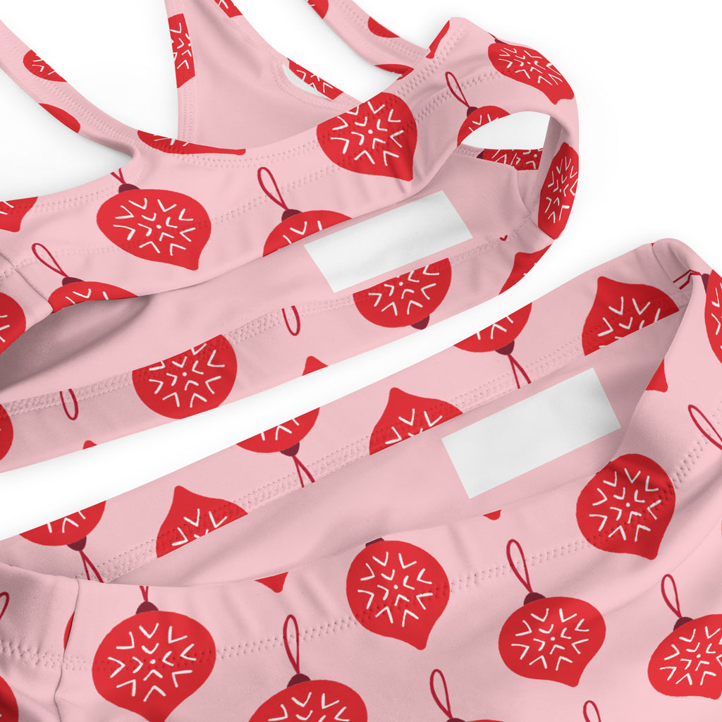 Women’s pink recycled two-piece swimsuit with red christmas ornament prints quick drying fabric upf 50+