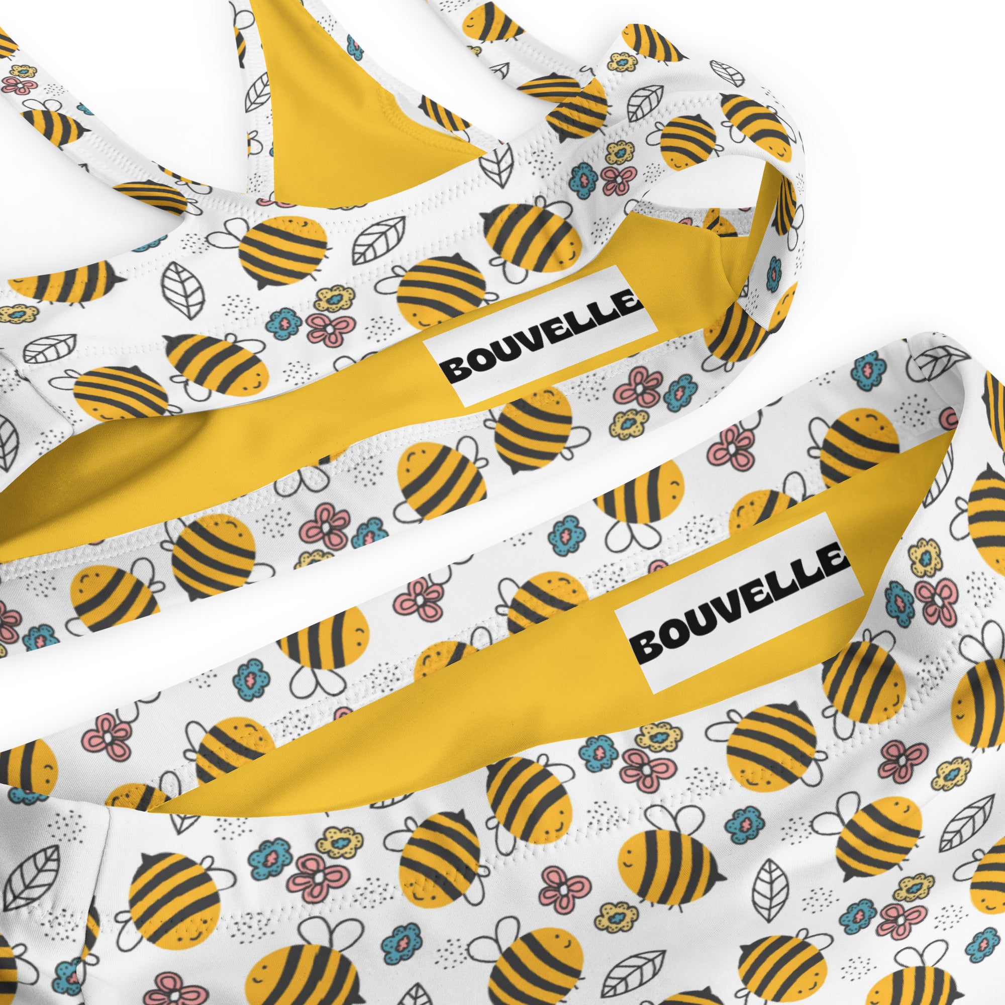 Women's Floral Yellow Bumblebee Recycled Bikini - Removable Padding, Buttery Soft Quick-Drying UPF 50+ Fabric