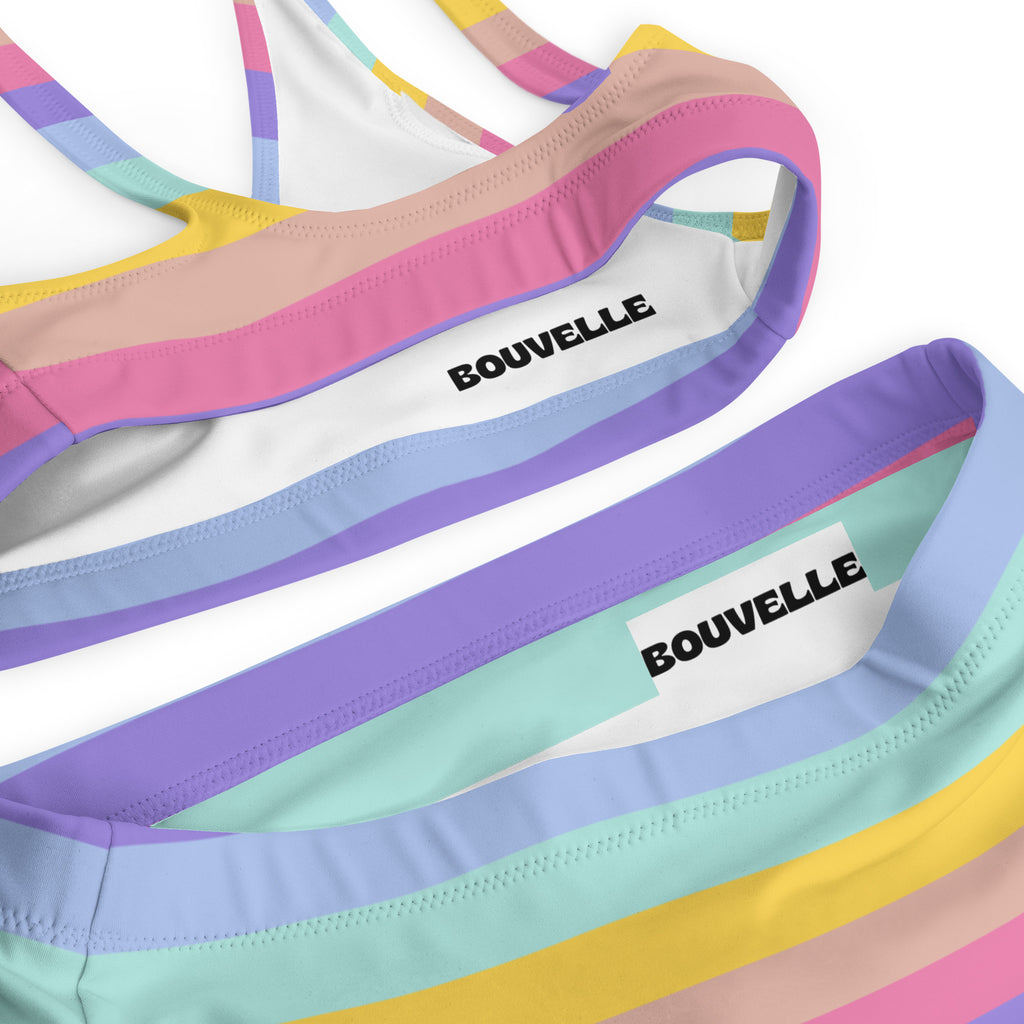 Women's Pastel Rainbow Stripe Recycled Bikini - Removable Padding, Buttery Soft Quick-Drying UPF 50+ Fabric