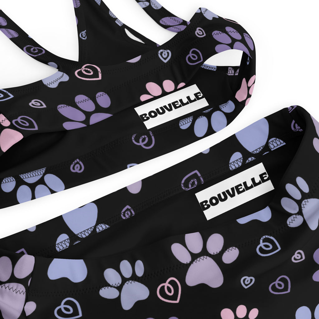 Women's Black Paw Print Recycled Bikini - Removable Padding, Buttery Soft Quick-Drying UPF 50+ Fabric