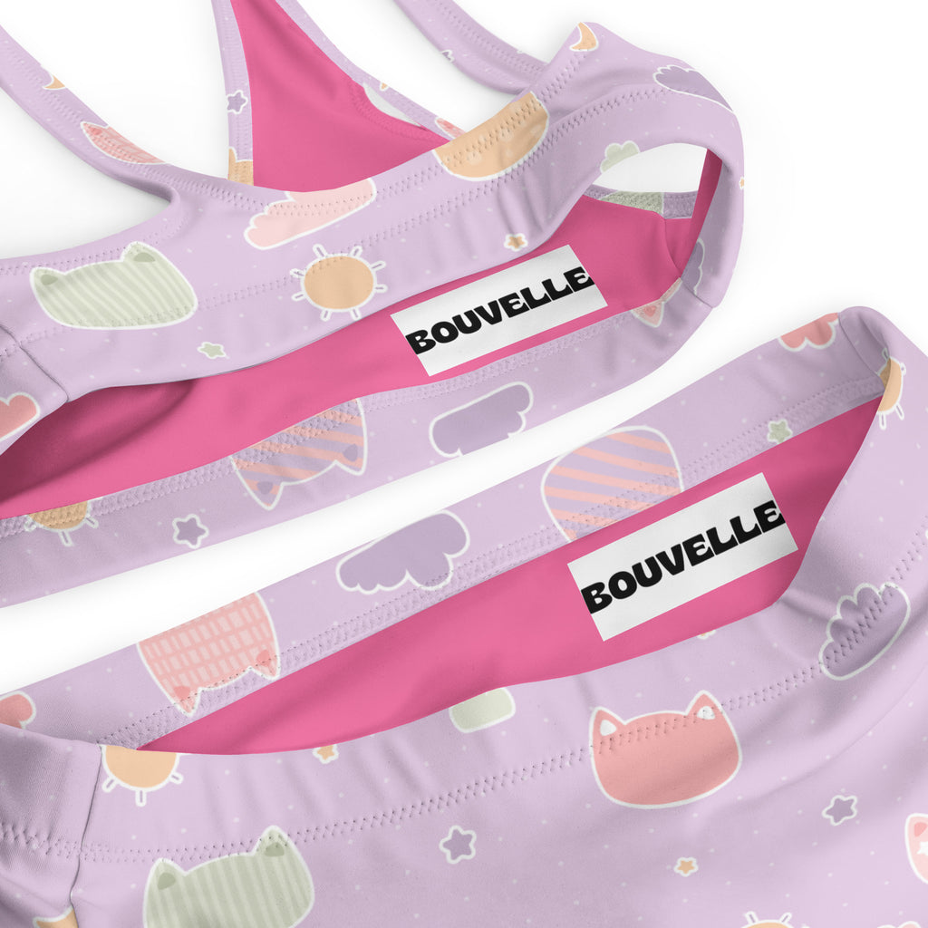 Women's Pastel Purple Kawaii Cats & Clouds Recycled Bikini - Removable Padding, Buttery Soft Quick-Drying UPF 50+ Fabric