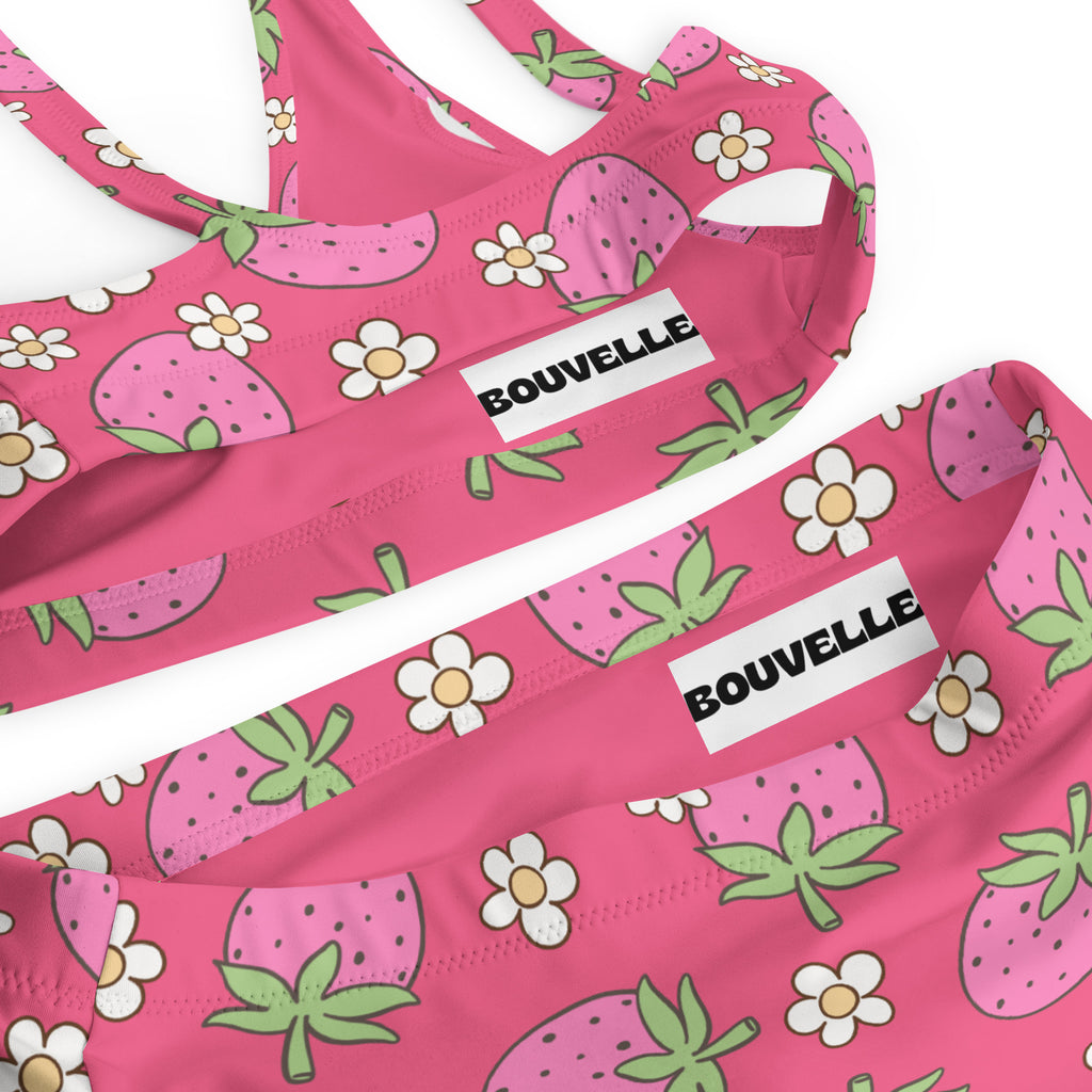 Women's Pink Strawberry Recycled Bikini - Removable Padding, Buttery Soft Quick-Drying UPF 50+ Fabric