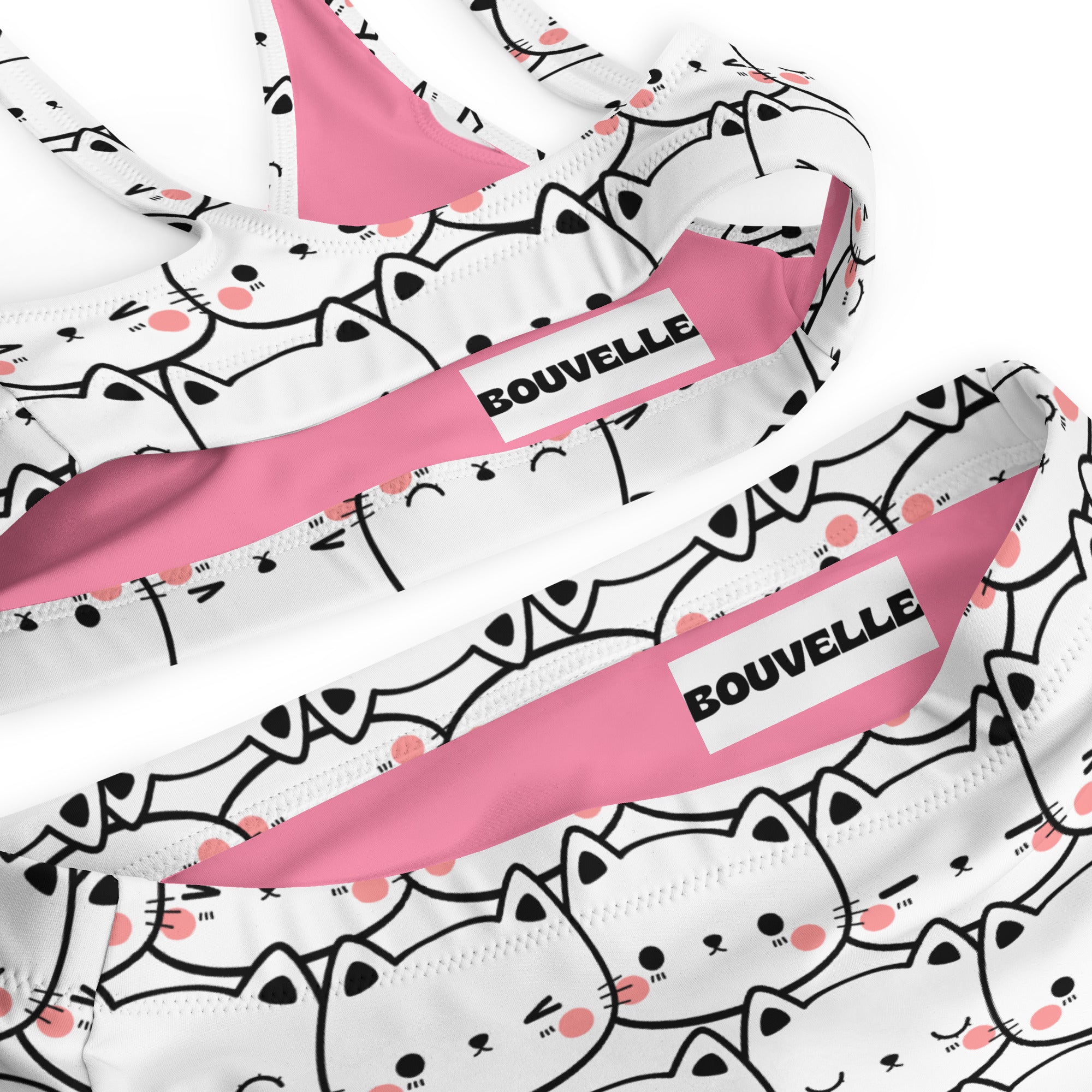 Women's Cute Cat Face Recycled Bikini - Removable Padding, Buttery Soft Quick-Drying UPF 50+ Fabric