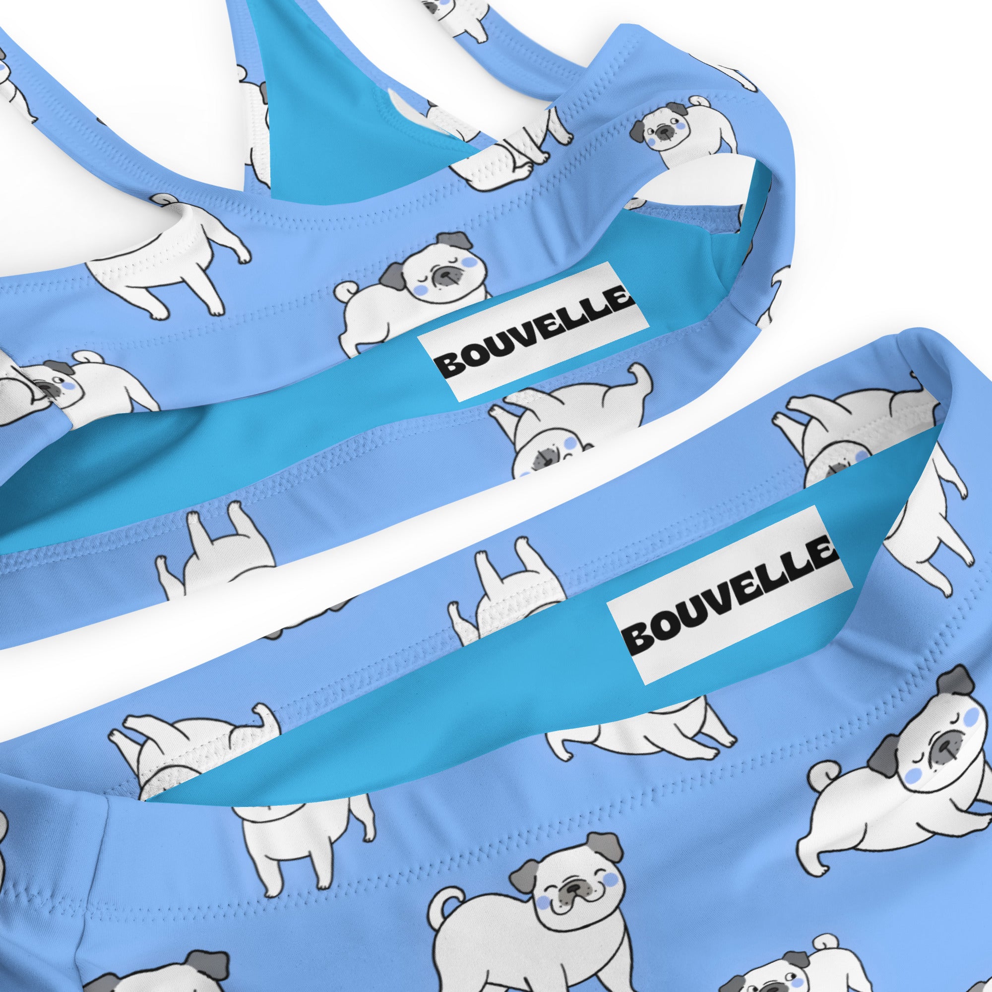 Women's Blue Pug Recycled Bikini - Removable Padding, Buttery Soft Quick-Drying UPF 50+ Fabric