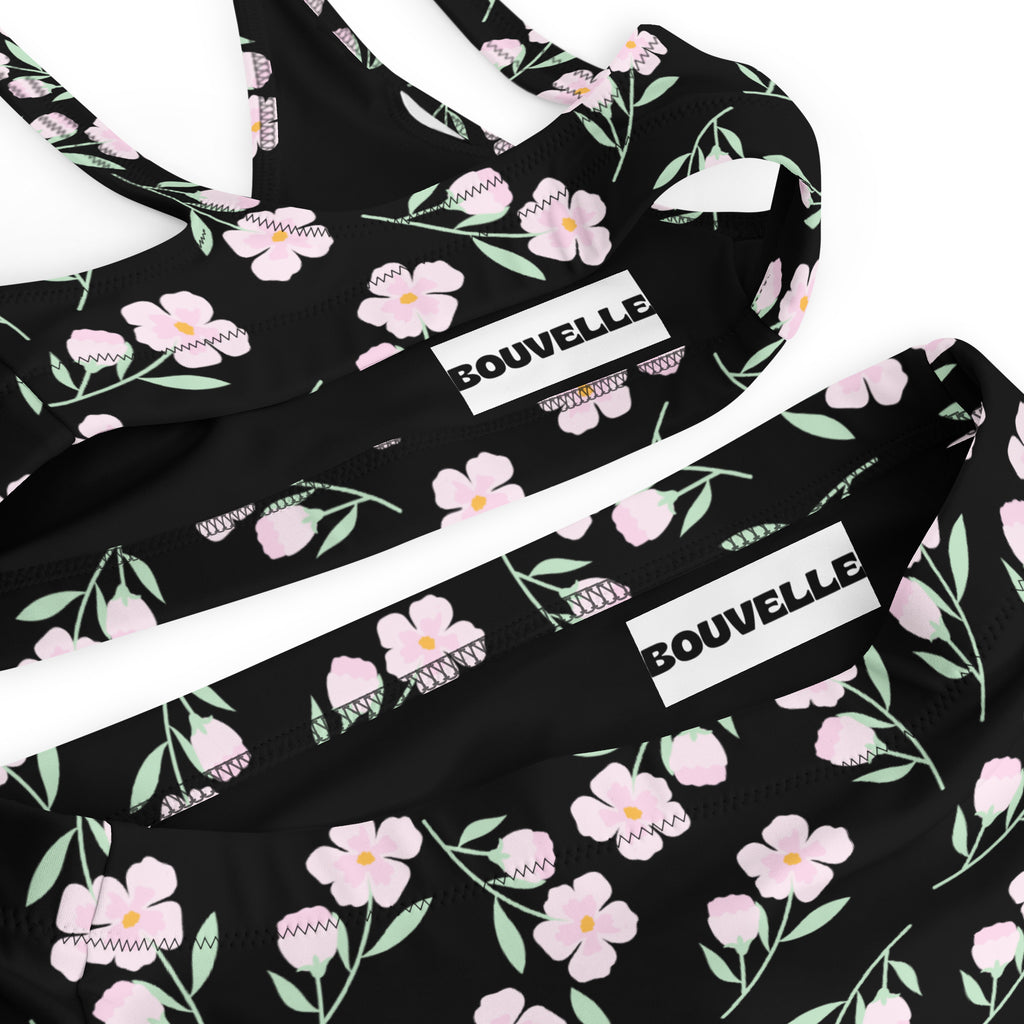 Women's Black Floral Recycled Bikini - Removable Padding, Buttery Soft Quick-Drying UPF 50+ Fabric
