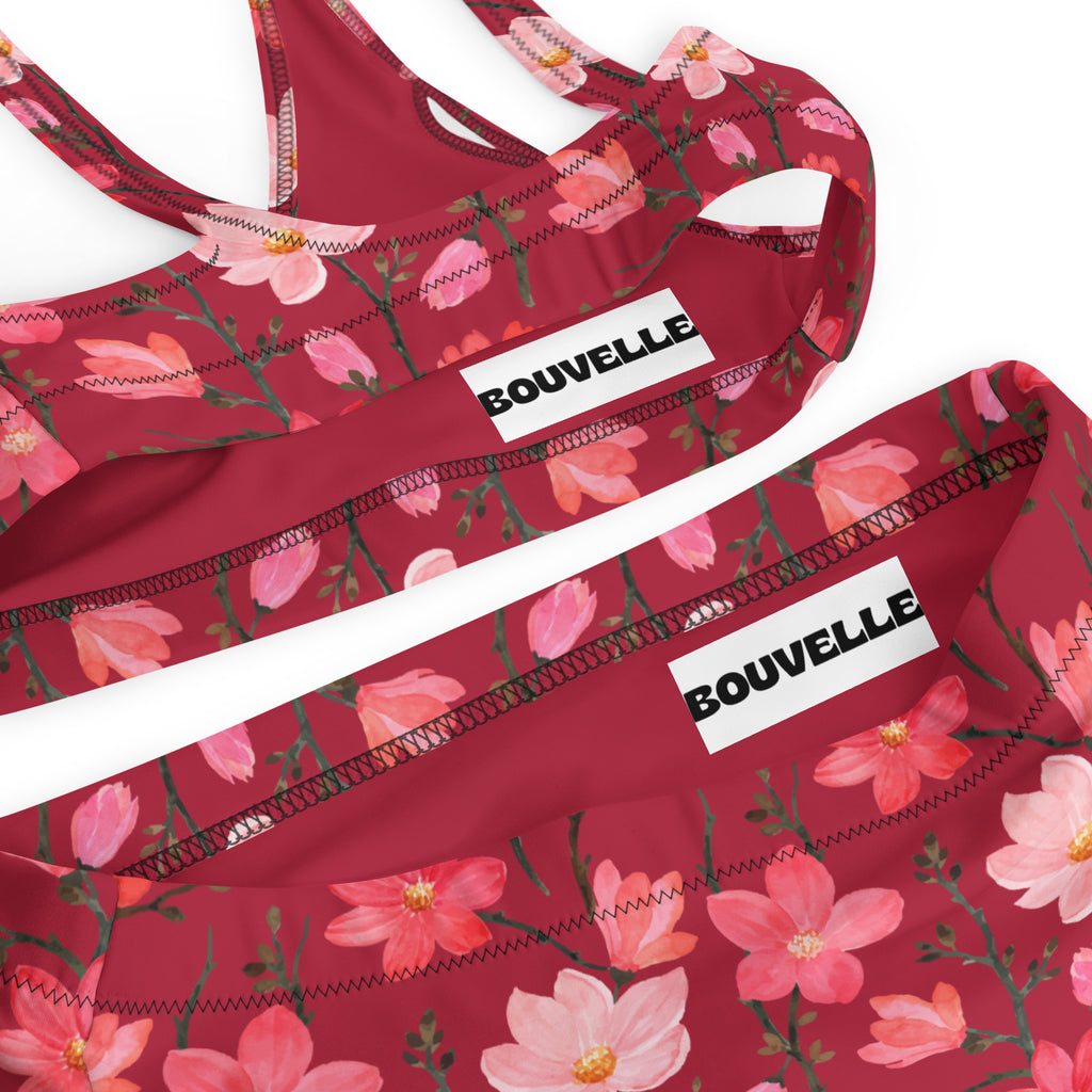 Women's Dark Red Floral Recycled Bikini - Removable Padding, Buttery Soft Quick-Drying UPF 50+ Fabric